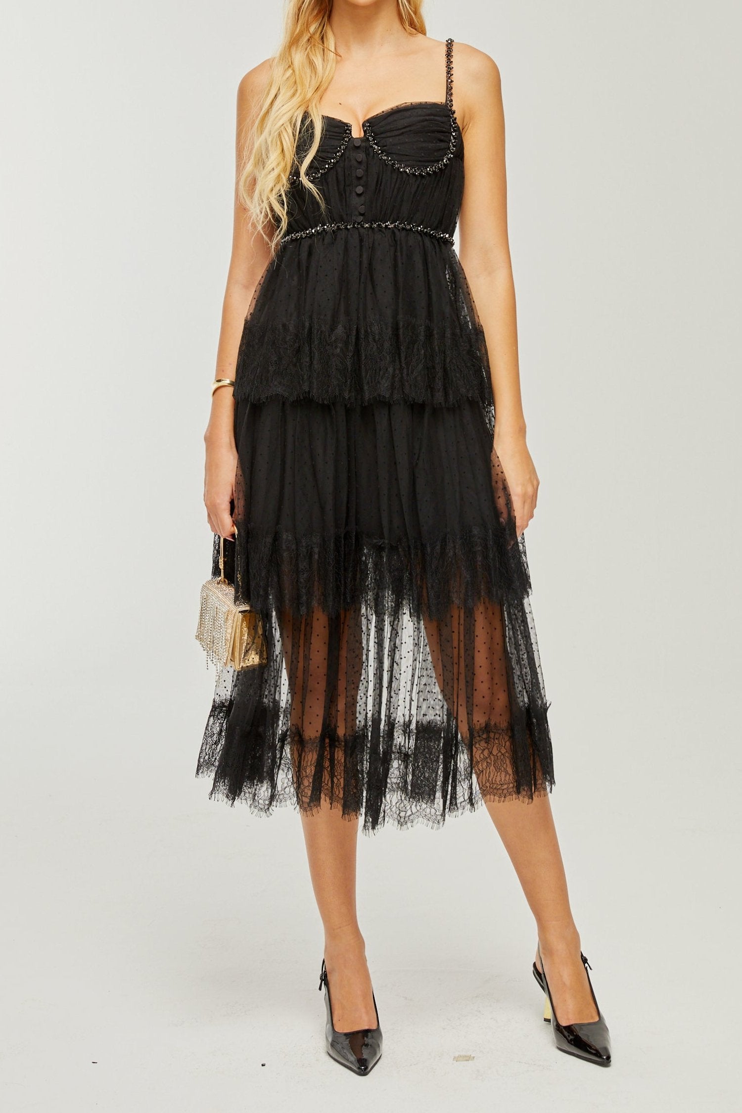 SOLÈNE CRYSTAL MIDI DRESS, LAYERED EVENING GOWN