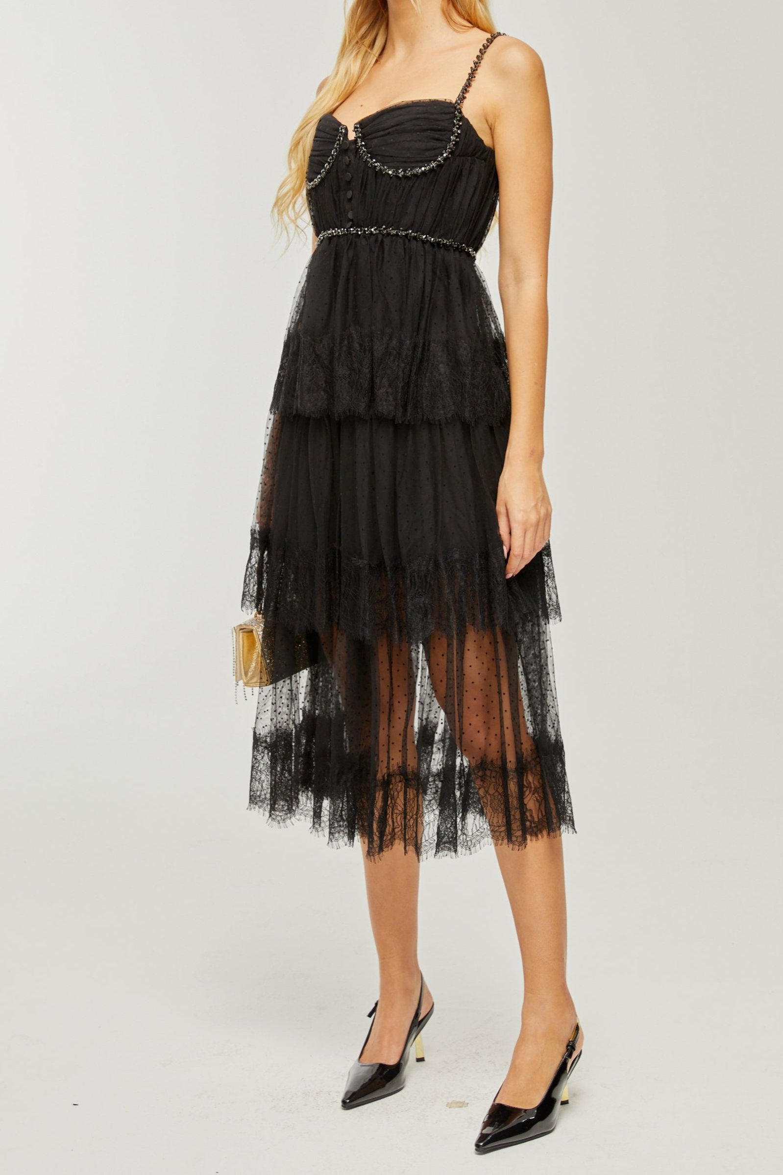 SOLÈNE CRYSTAL MIDI DRESS, LAYERED EVENING GOWN