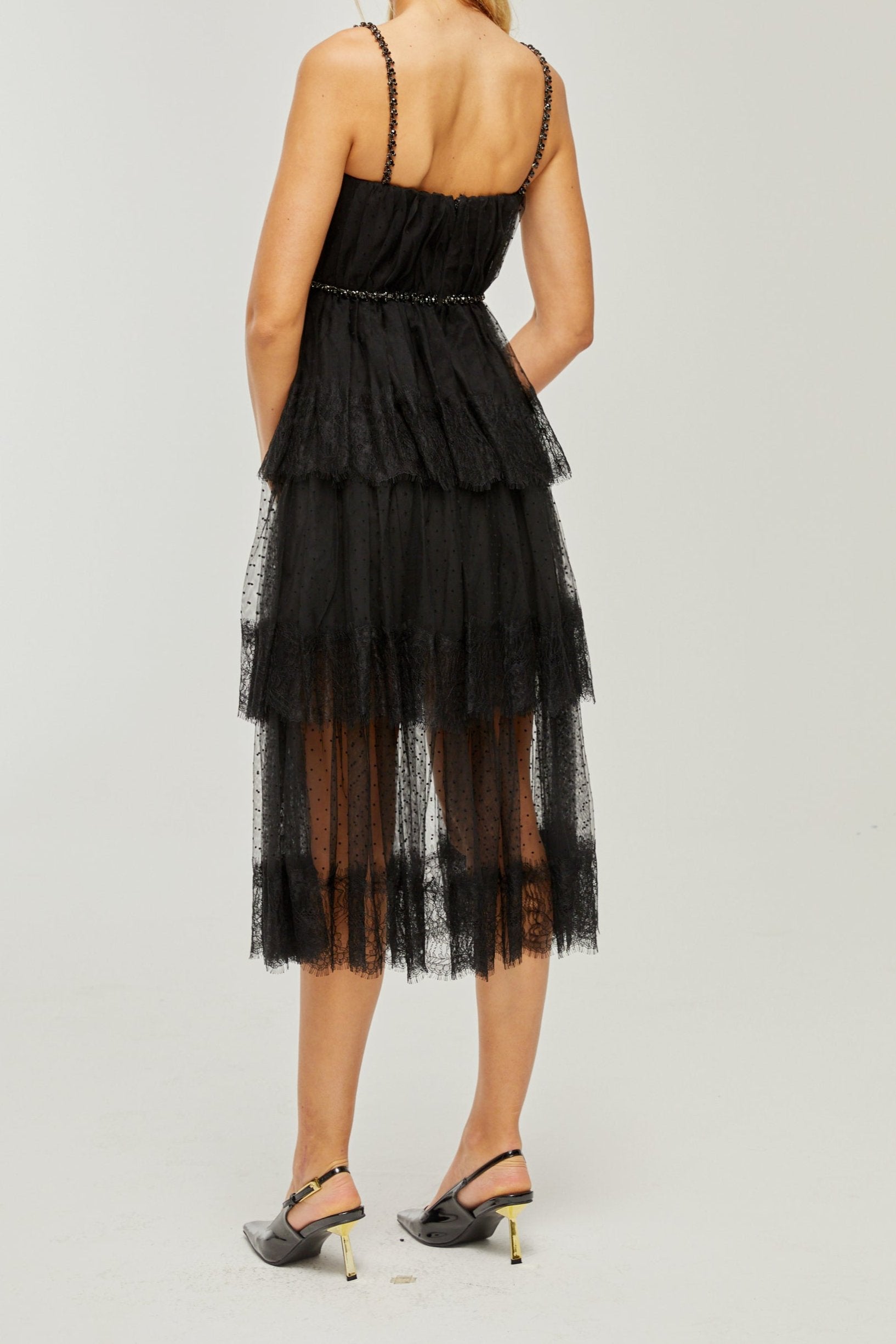 SOLÈNE CRYSTAL MIDI DRESS, LAYERED EVENING GOWN