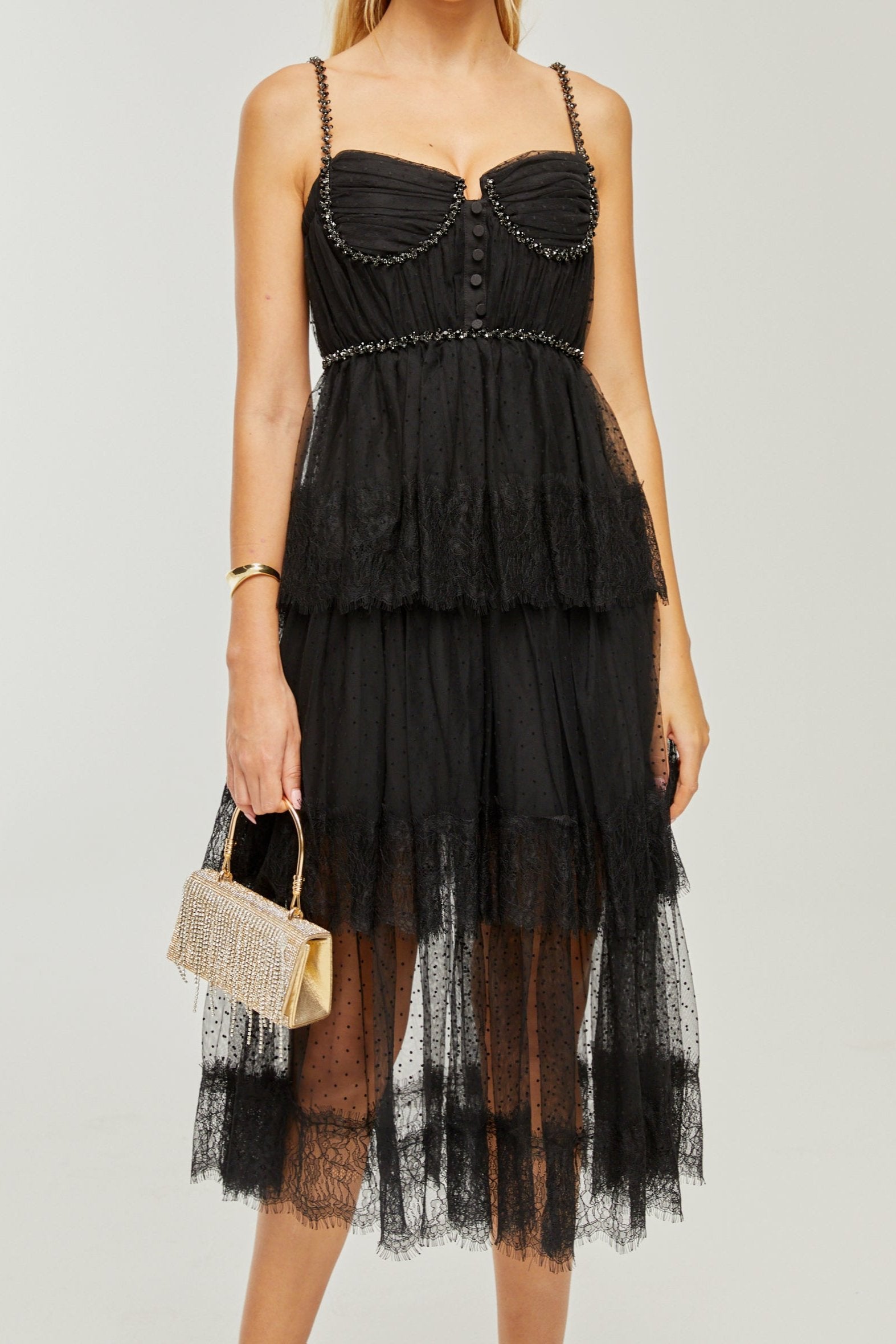 SOLÈNE CRYSTAL MIDI DRESS, LAYERED EVENING GOWN