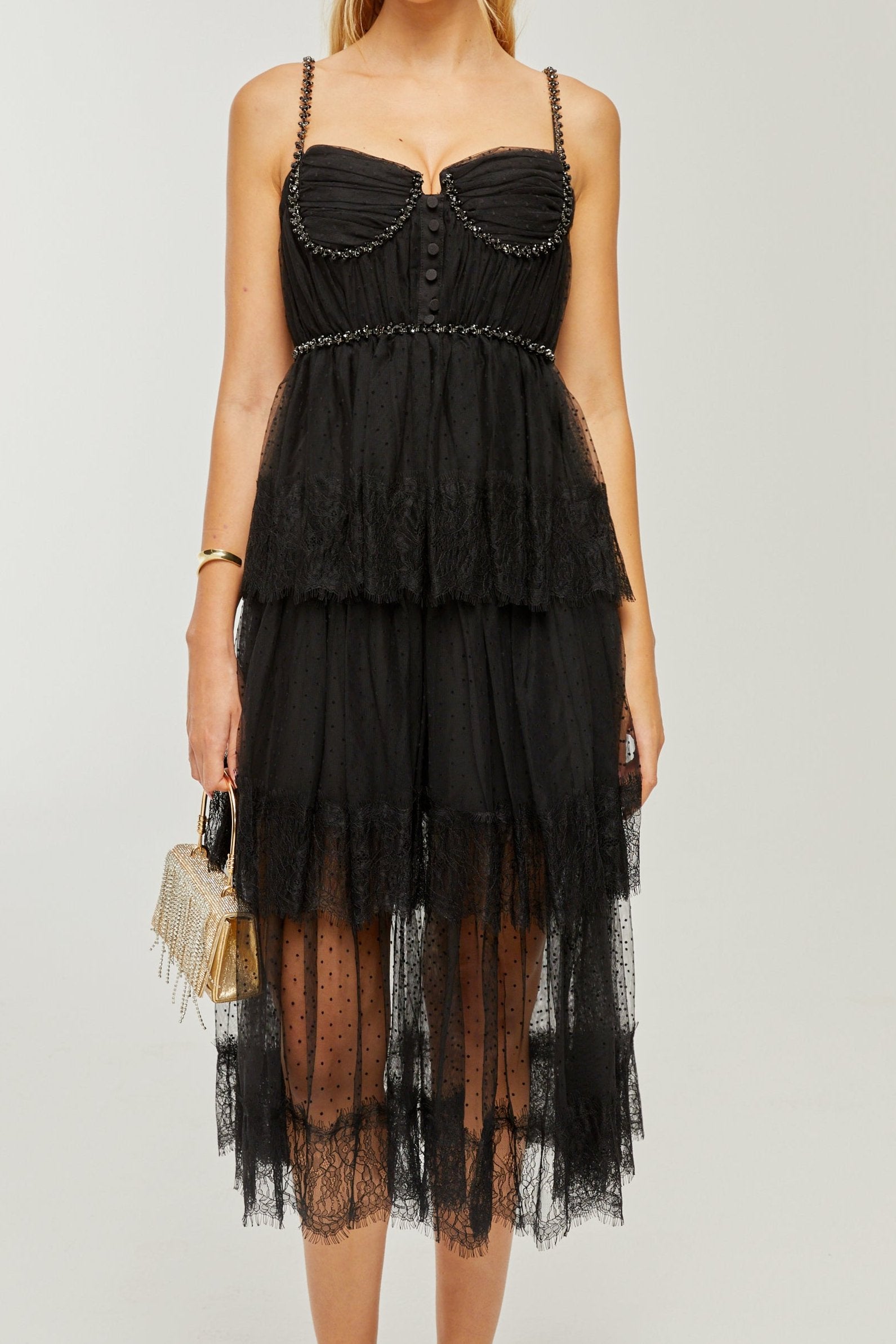 SOLÈNE CRYSTAL MIDI DRESS, LAYERED EVENING GOWN