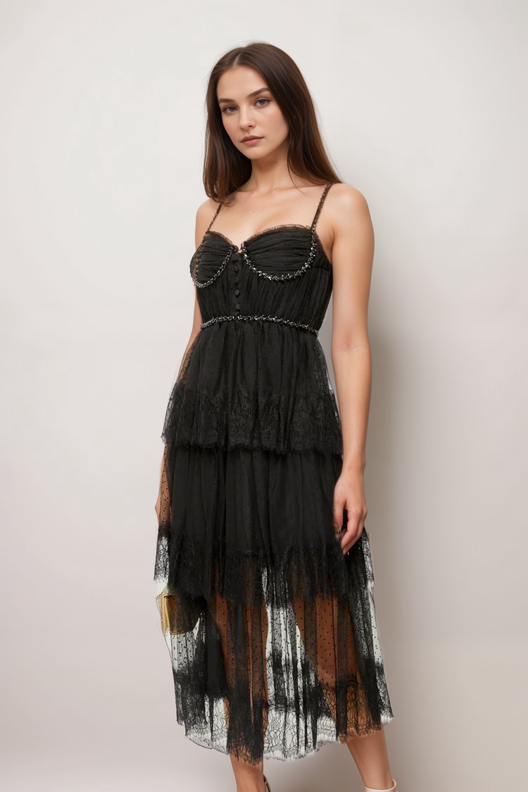 SOLÈNE CRYSTAL MIDI DRESS, LAYERED EVENING GOWN