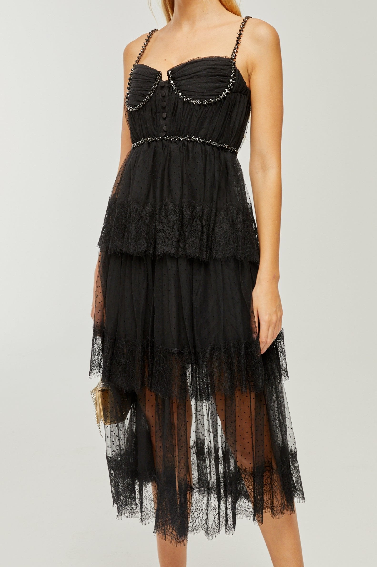 SOLÈNE CRYSTAL MIDI DRESS, LAYERED EVENING GOWN