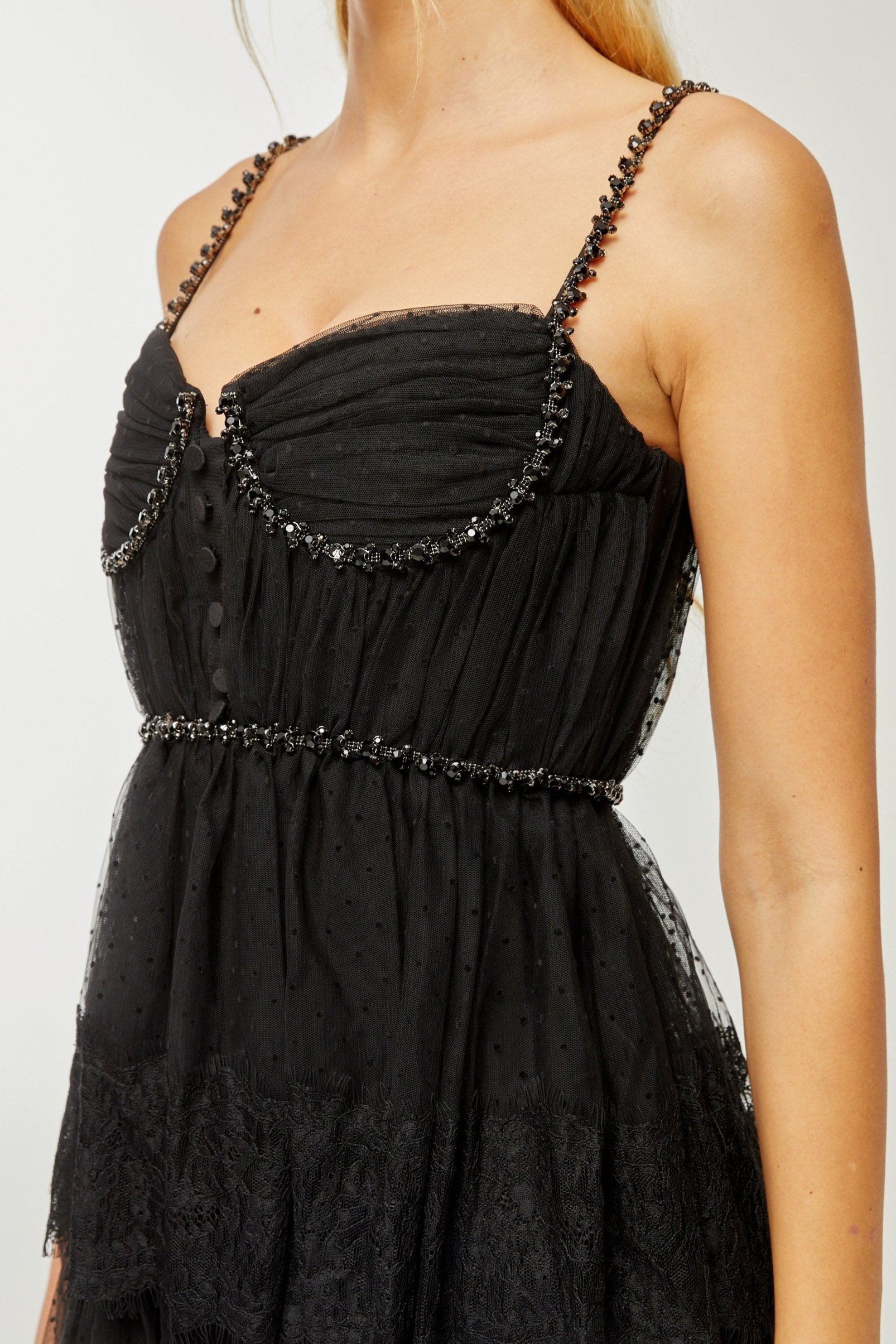 SOLÈNE CRYSTAL MIDI DRESS, LAYERED EVENING GOWN