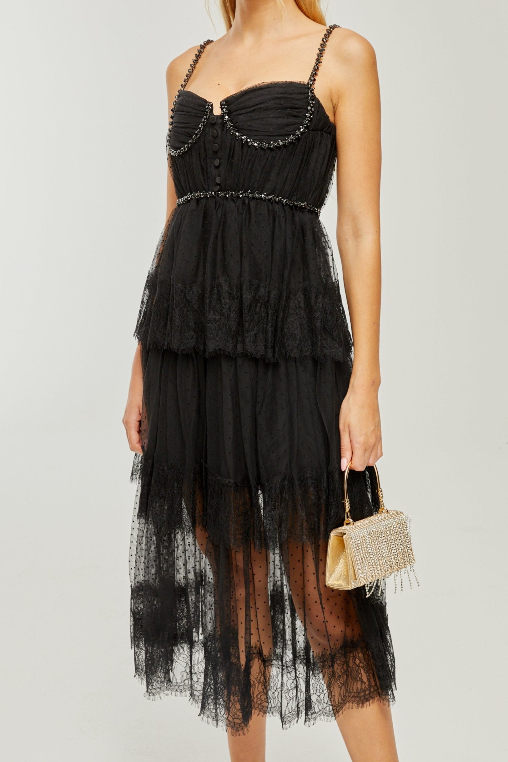 SOLÈNE CRYSTAL MIDI DRESS, LAYERED EVENING GOWN