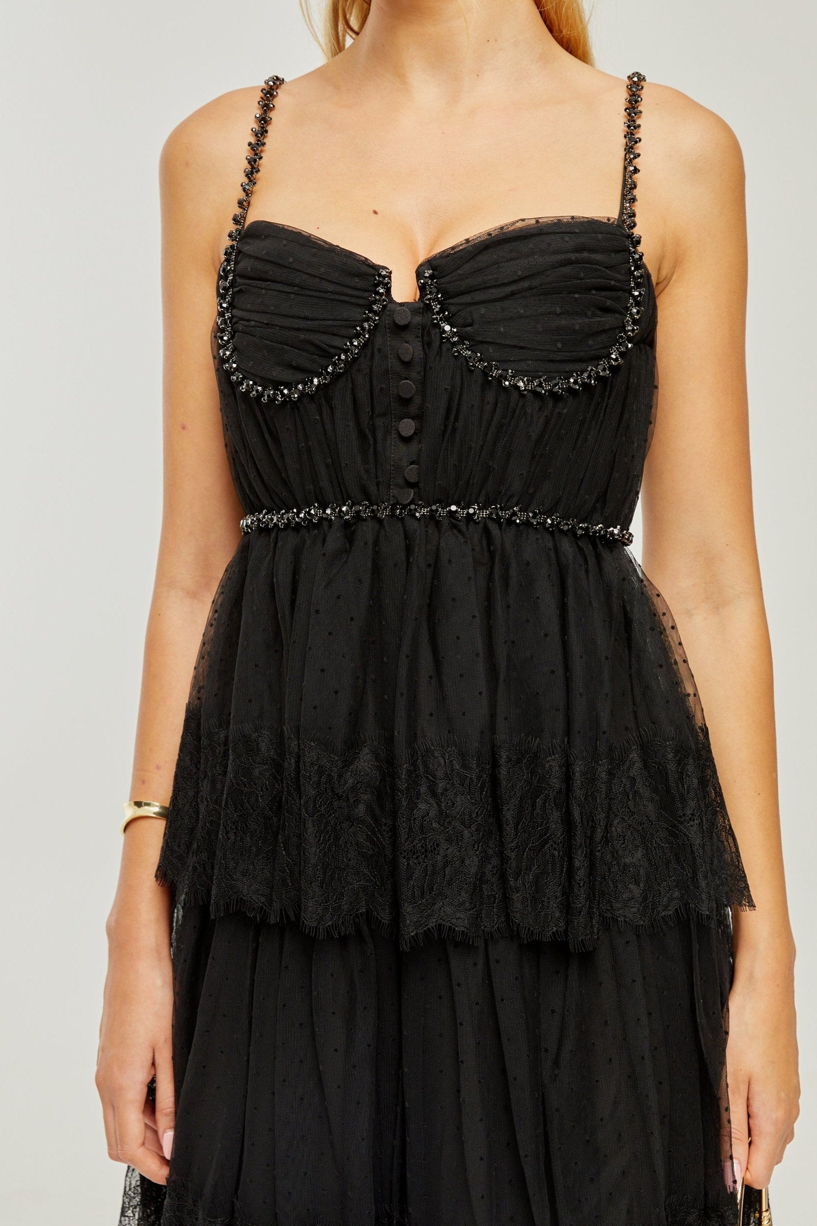 SOLÈNE CRYSTAL MIDI DRESS, LAYERED EVENING GOWN