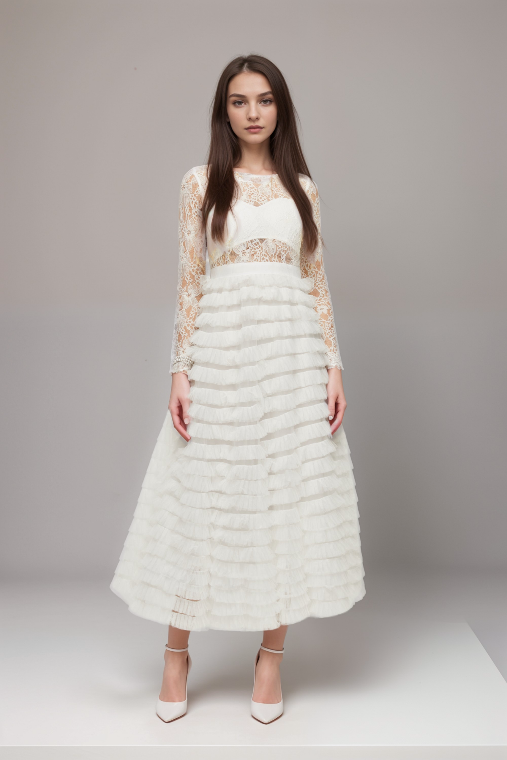 PHILIPPINE LACE MIDI DRESS WITH HIGH WAIST & LAYERED SKIRT