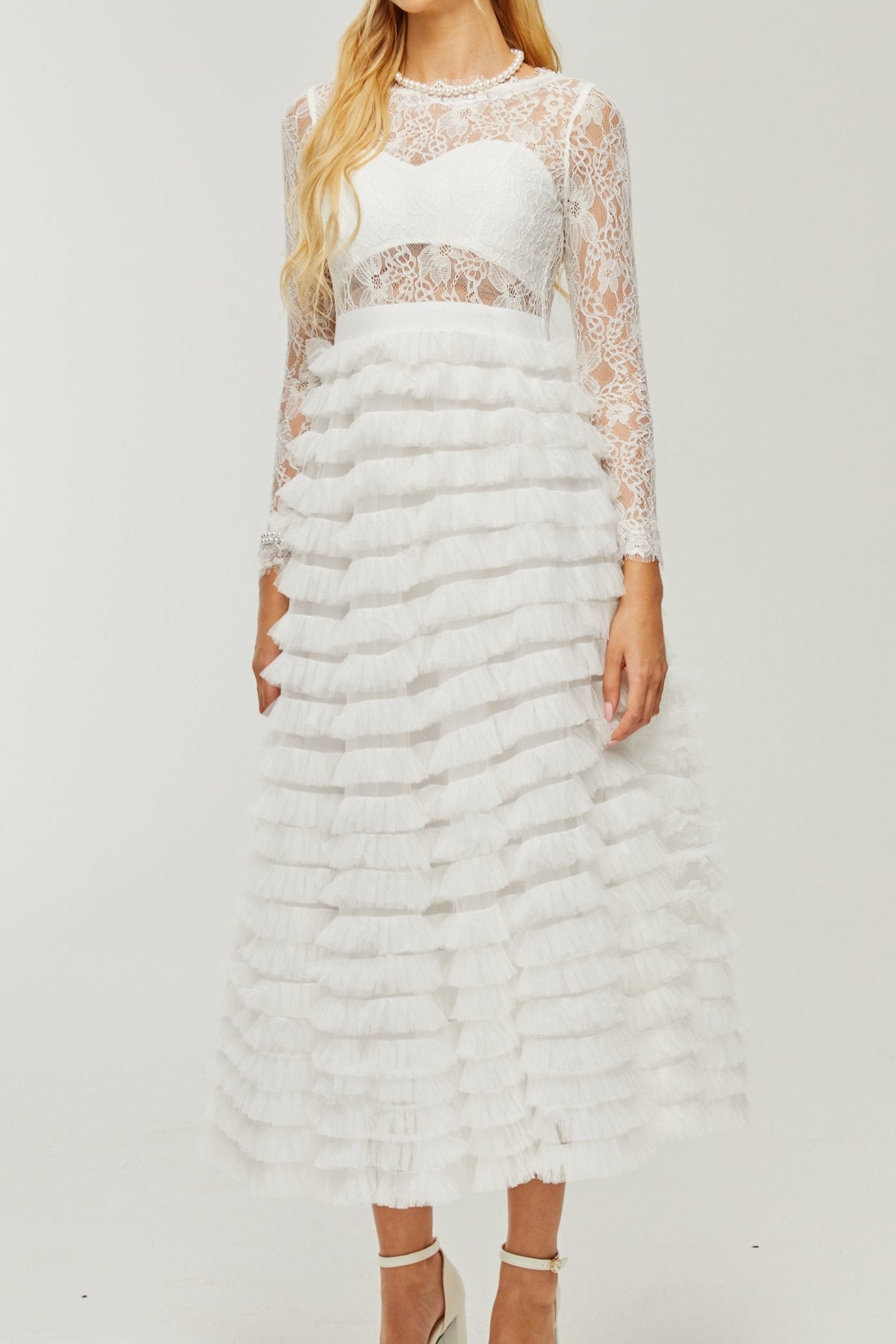 PHILIPPINE LACE MIDI DRESS WITH HIGH WAIST & LAYERED SKIRT