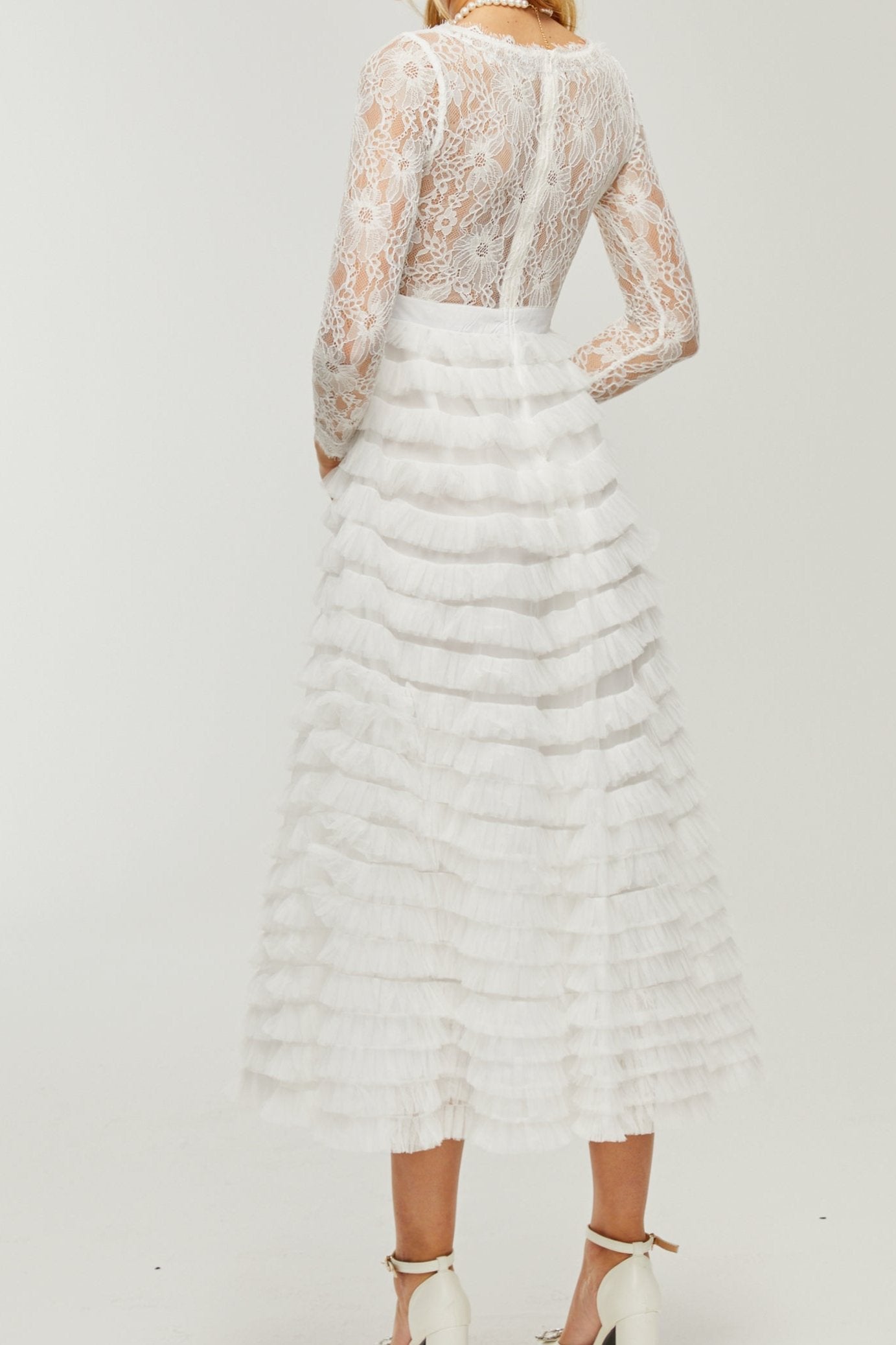 PHILIPPINE LACE MIDI DRESS WITH HIGH WAIST & LAYERED SKIRT