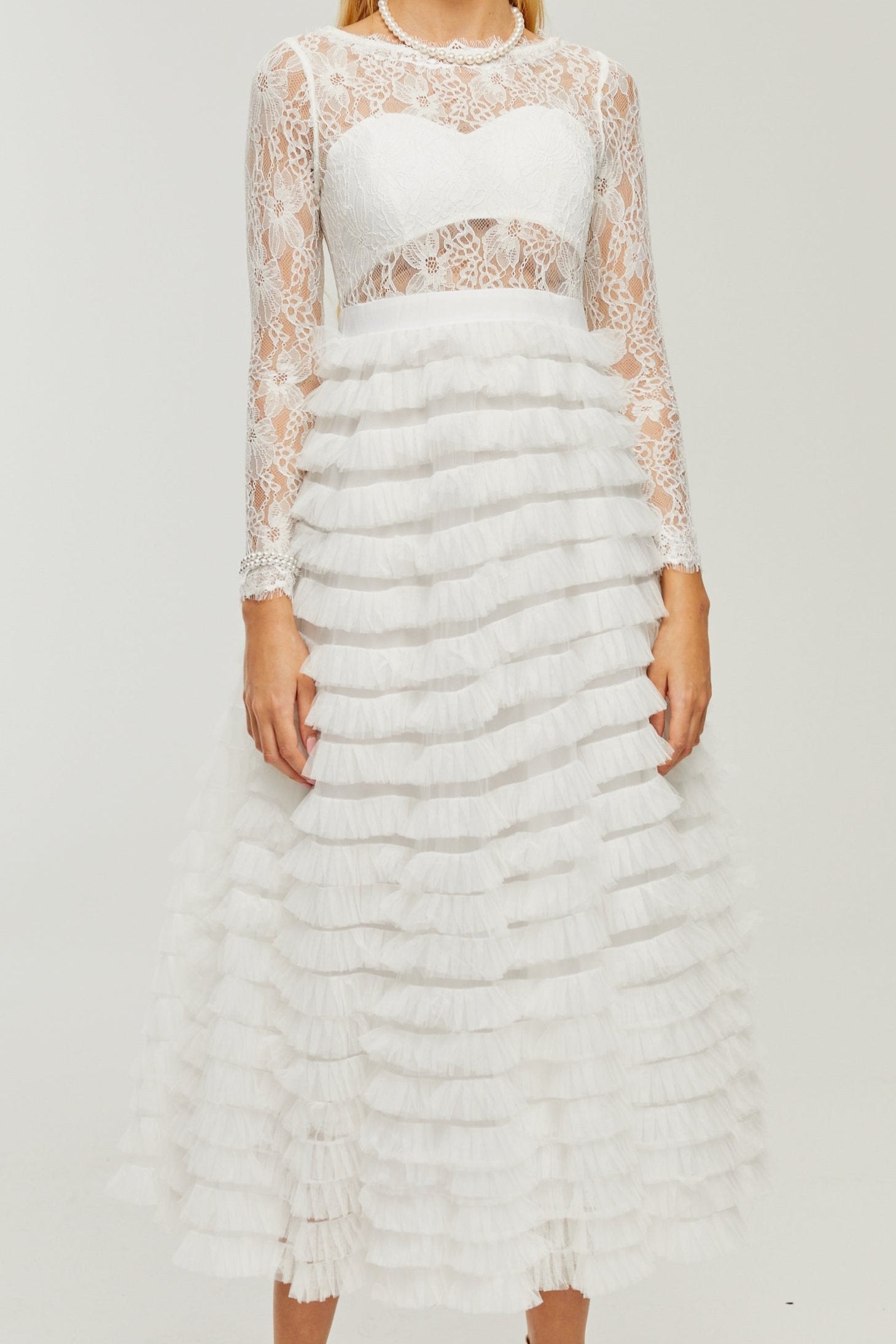 PHILIPPINE LACE MIDI DRESS WITH HIGH WAIST & LAYERED SKIRT