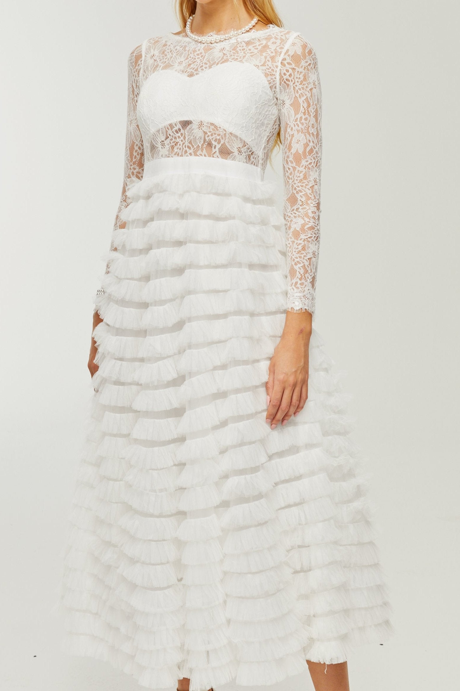 PHILIPPINE LACE MIDI DRESS WITH HIGH WAIST & LAYERED SKIRT