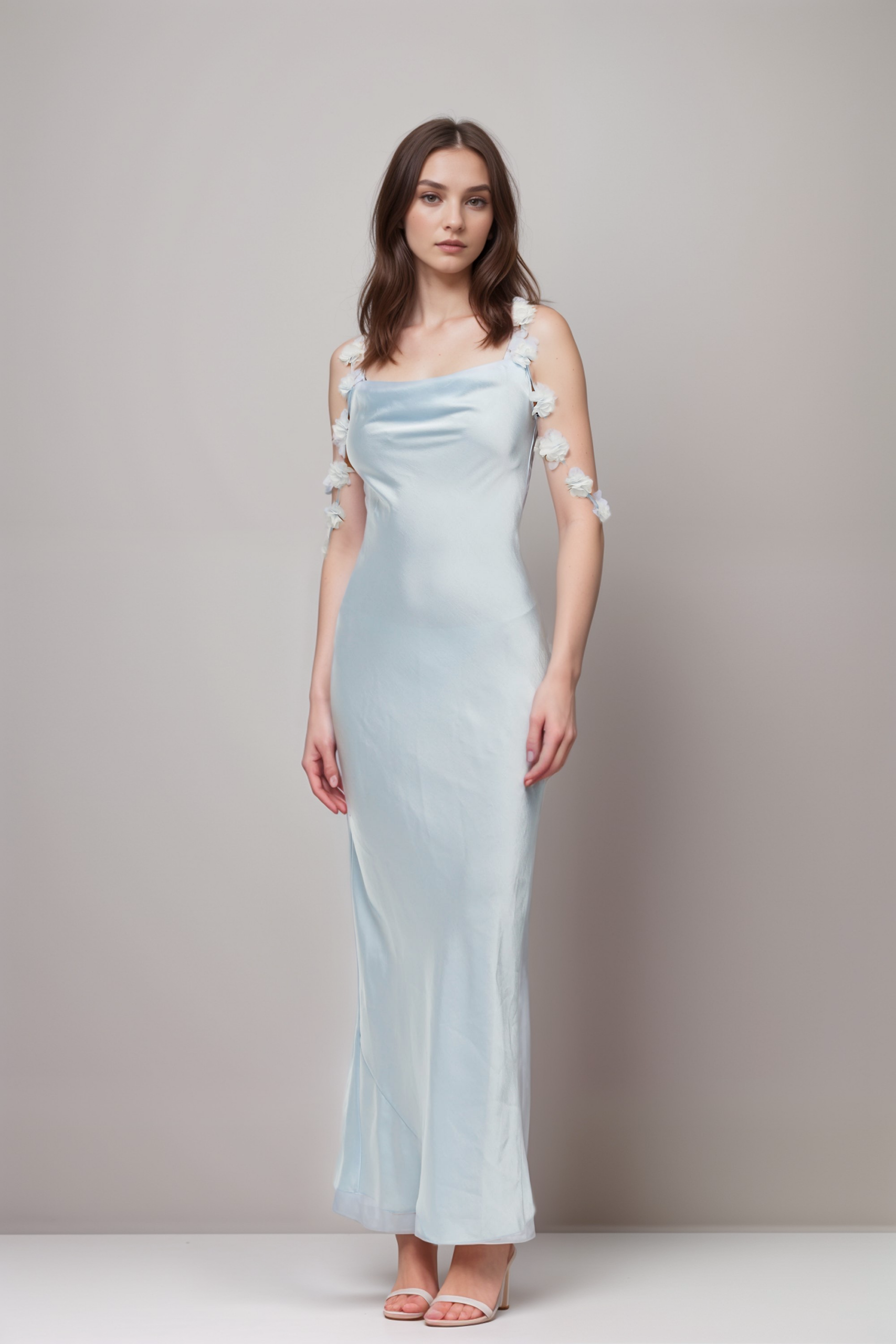 FLORAL-STRAP SATIN MAXI DRESS FOR EVENING