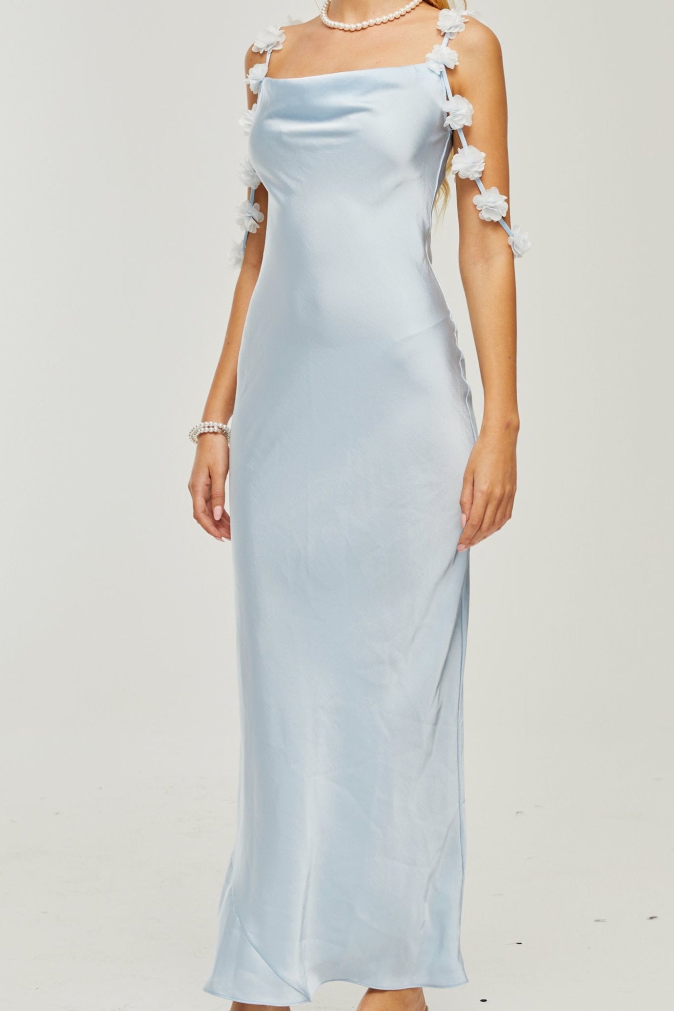 FLORAL-STRAP SATIN MAXI DRESS FOR EVENING