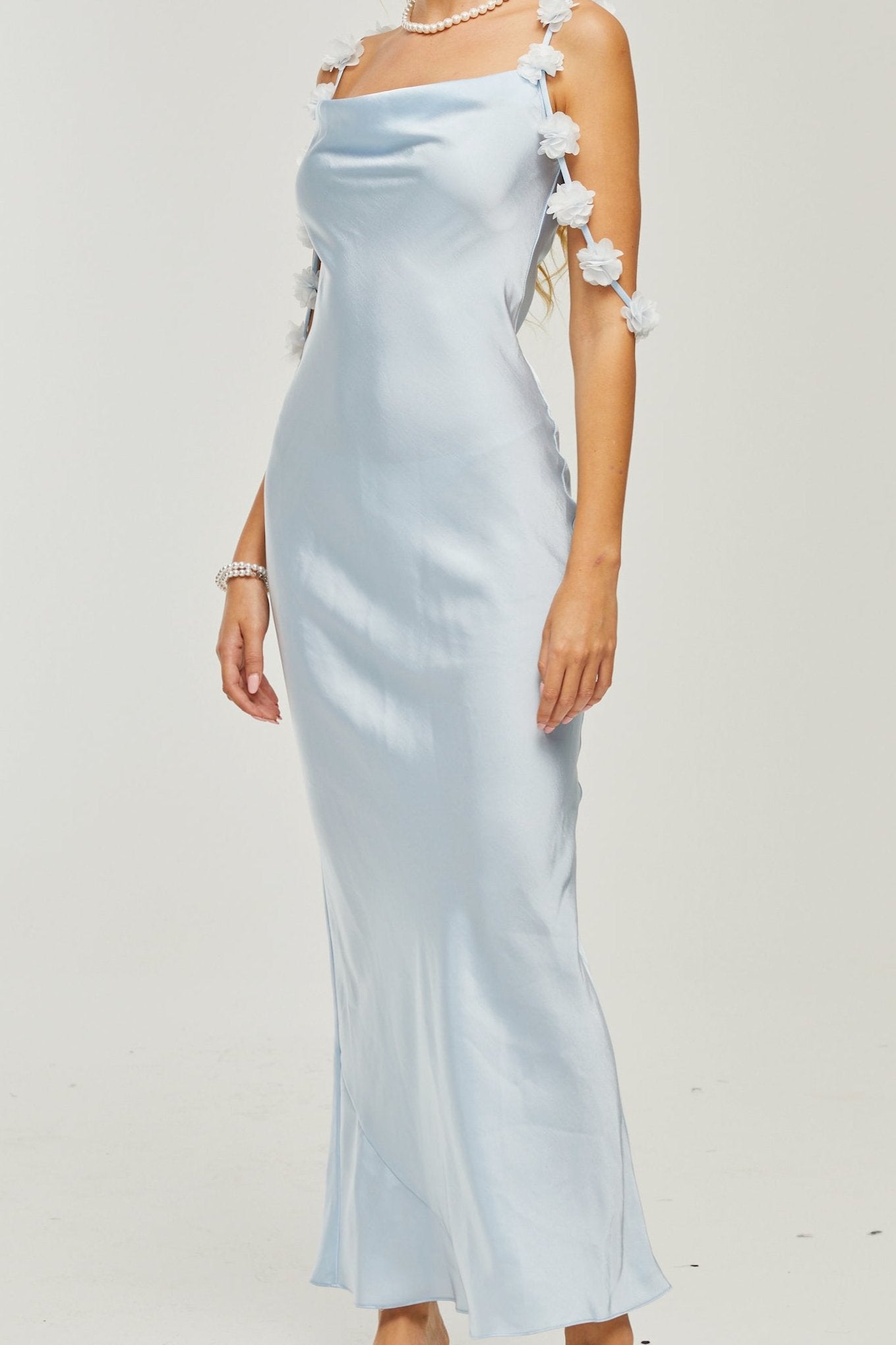 FLORAL-STRAP SATIN MAXI DRESS FOR EVENING