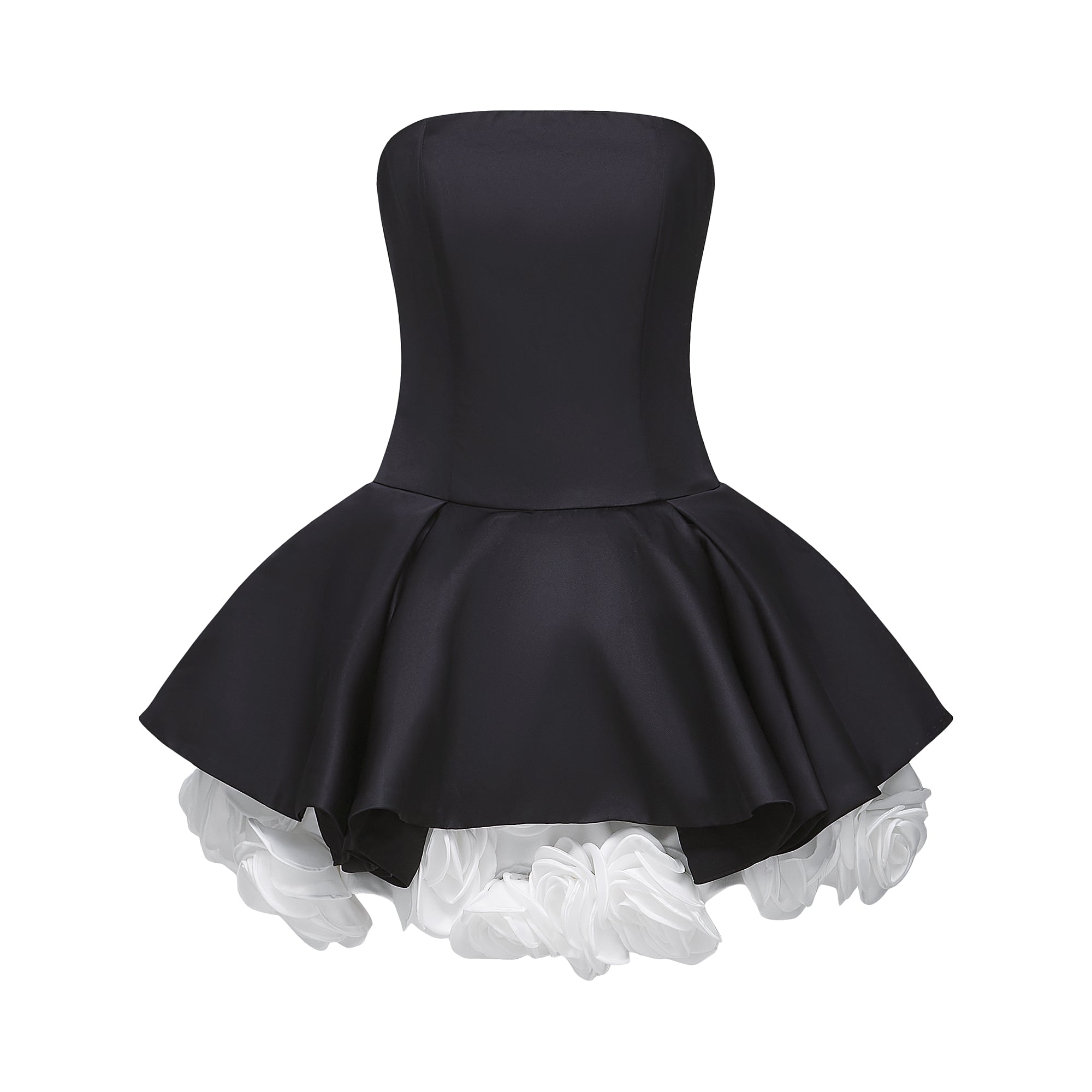 BLACK PETAL-LAYER STRAPLESS CORSET MINI DRESS