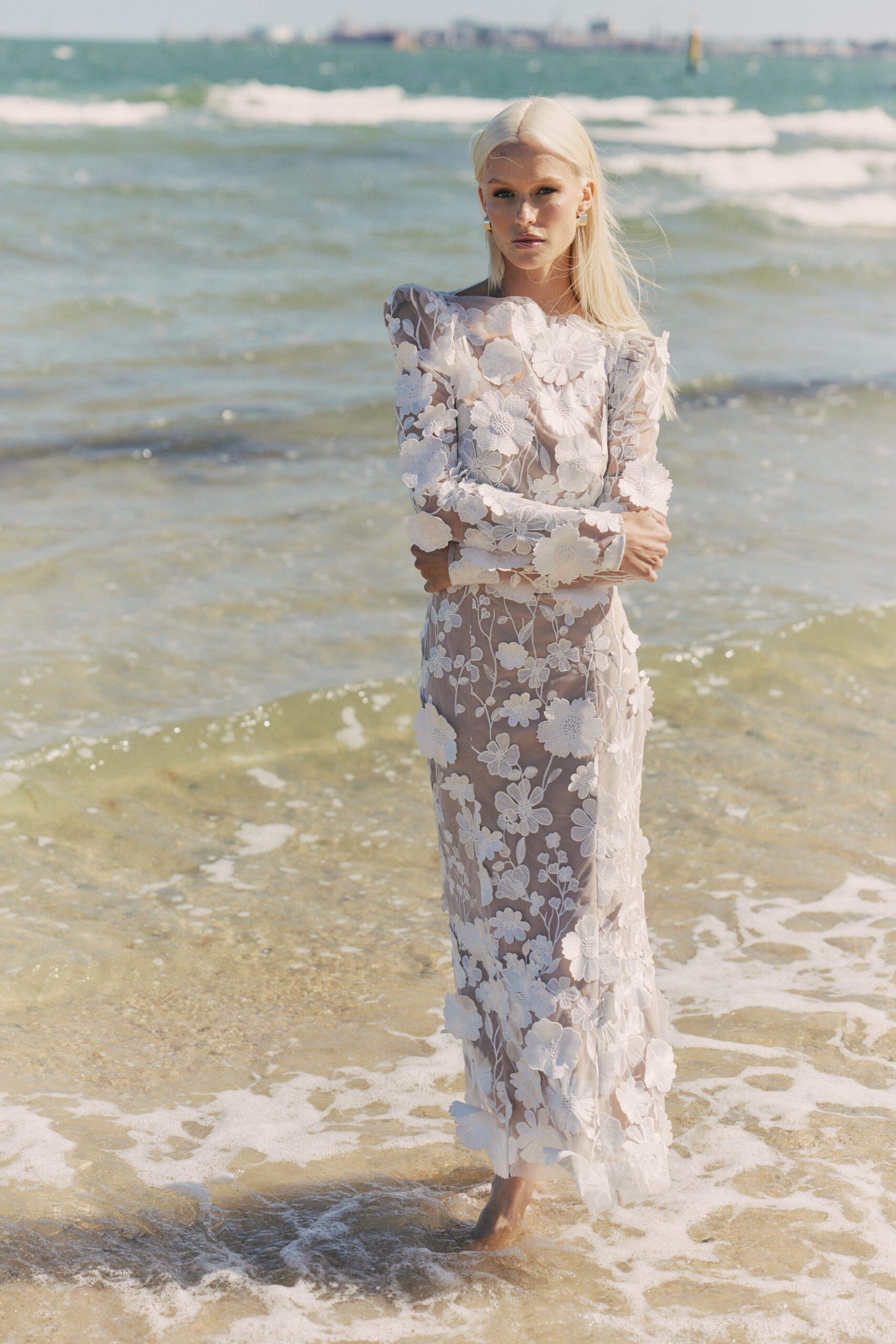 SHANNON 3D FLORAL WHITE MIDI DRESS FOR WEDDING