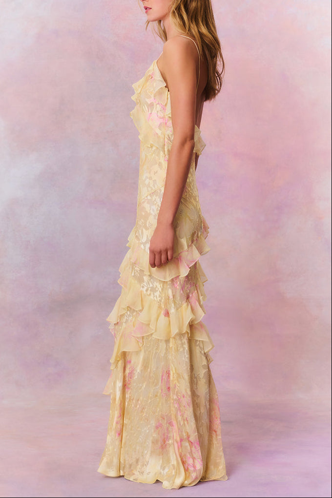 YELLOW RUFFLE FLORAL CHIFFON MAXI DRESS FOR WEDDING