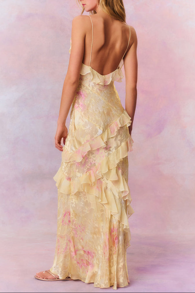 YELLOW RUFFLE FLORAL CHIFFON MAXI DRESS FOR WEDDING