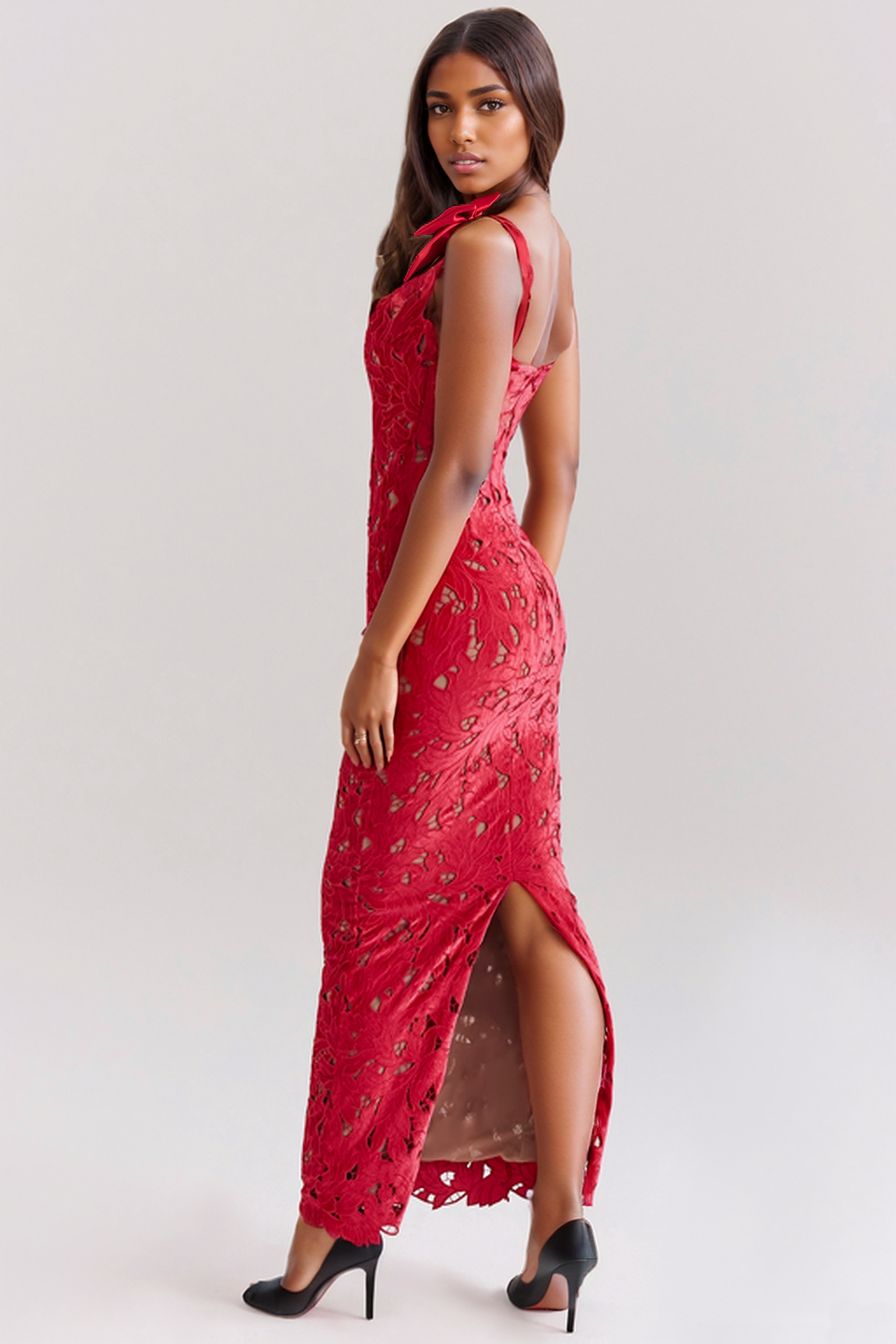 HERMOSA RED EMBROIDERED LACE MAXI DRESS