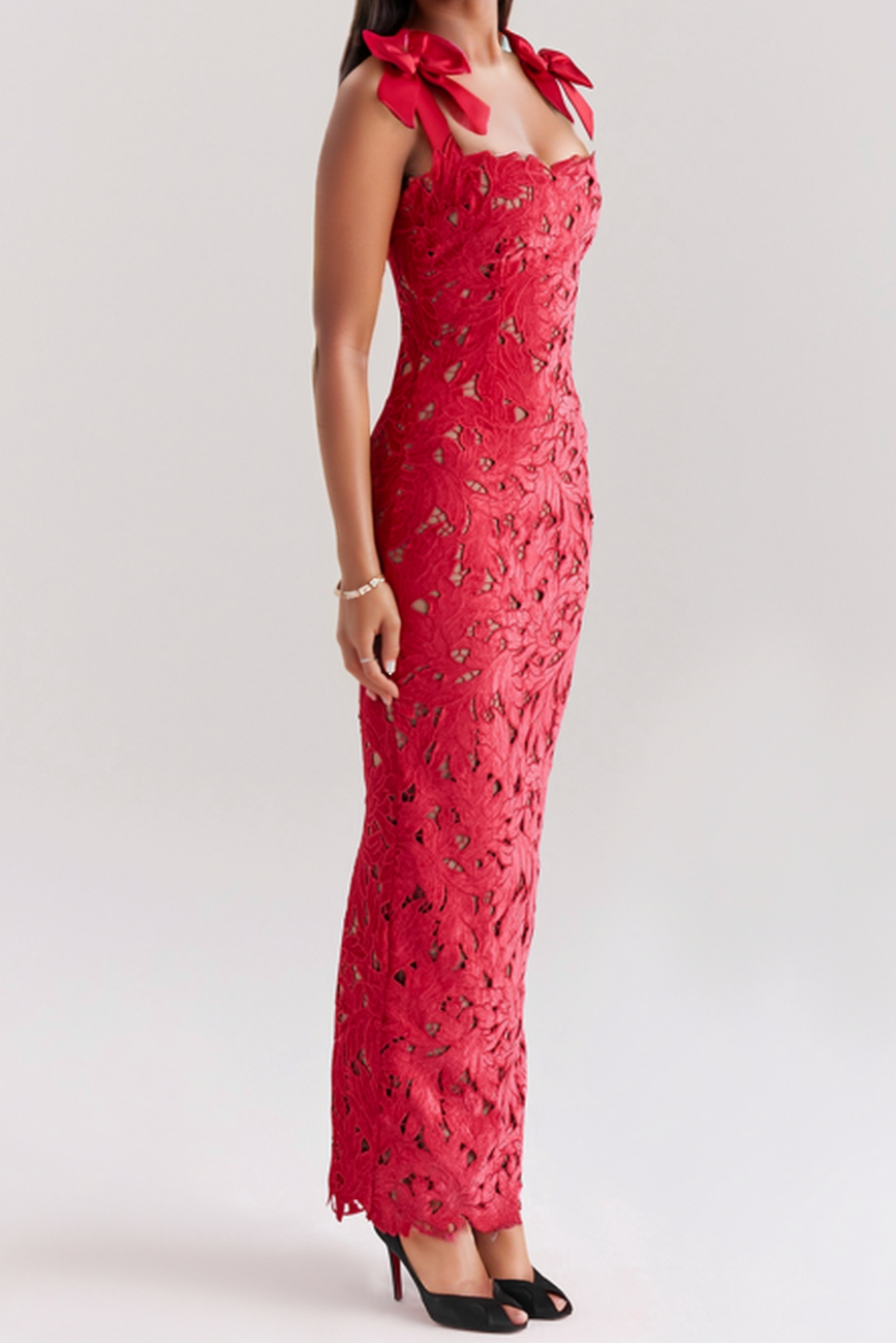 HERMOSA RED EMBROIDERED LACE MAXI DRESS