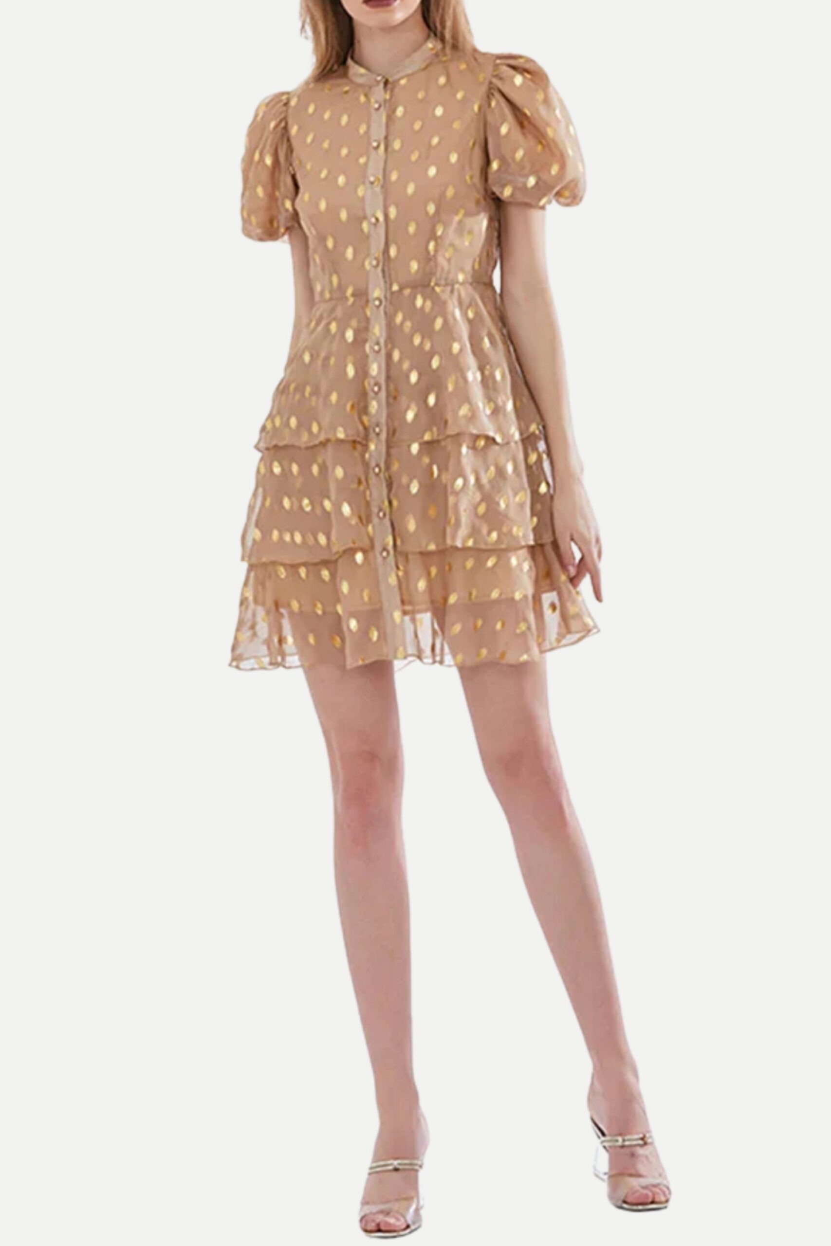 POLKA DOT LAYERED MINI DRESS, KHAKI, CASUAL