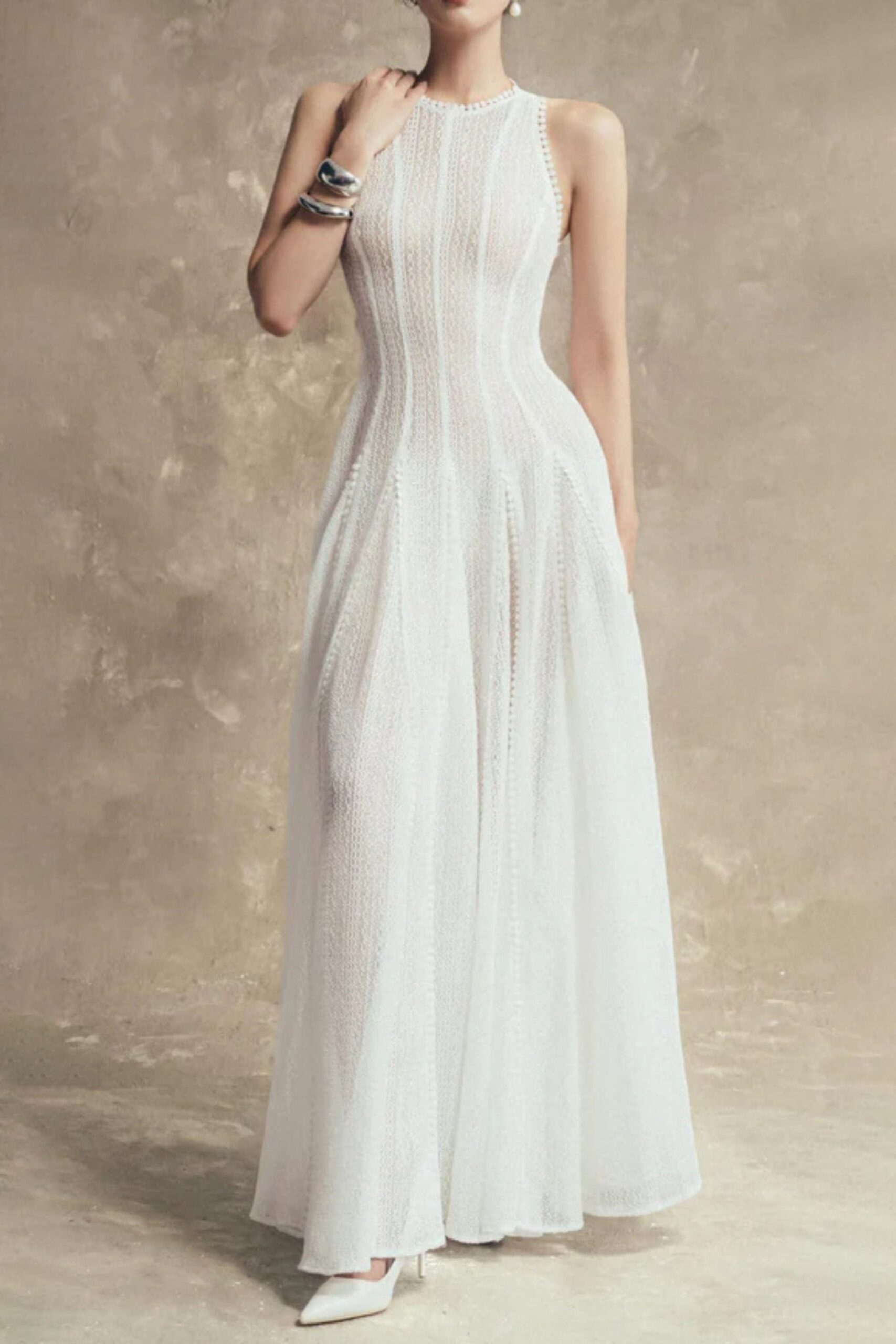 SLEEVELESS LACE CROCHET WHITE MAXI DRESS