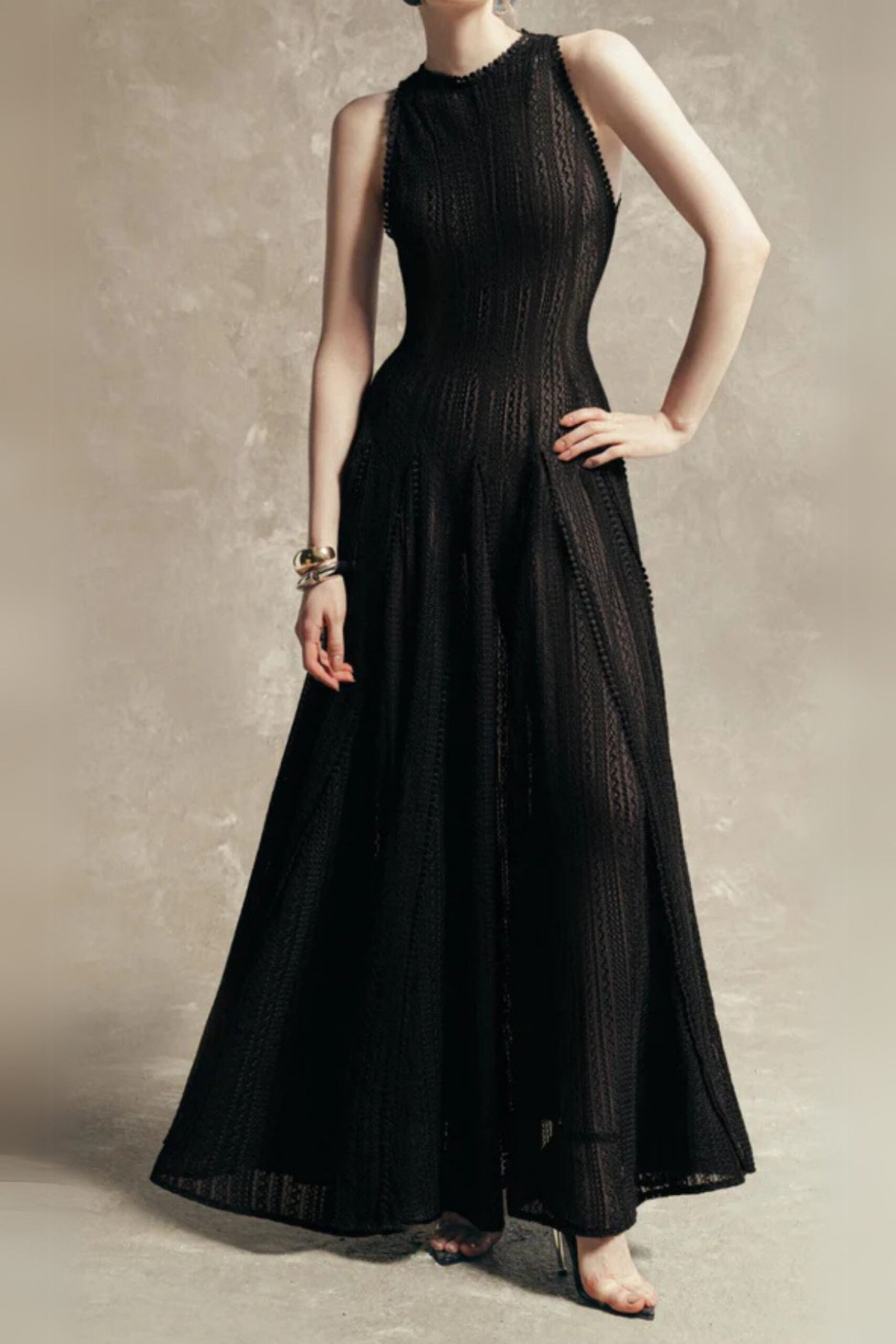 SLEEVELESS LACE CROCHET MAXI DRESS, BLACK, WEDDING GUEST