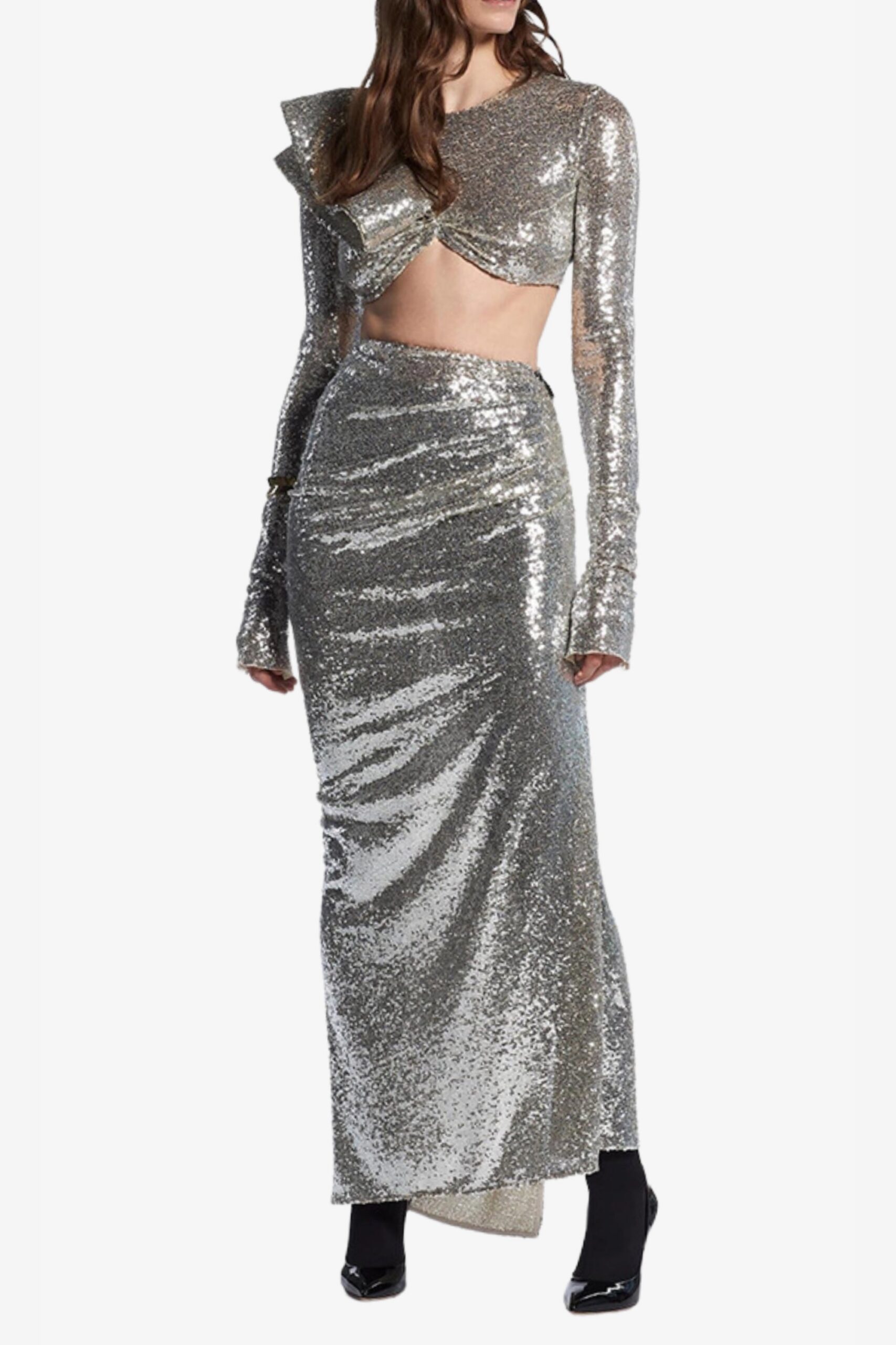 SILVER CROP TOP DRAPE SKIRT SET – PARTY OUTFIT