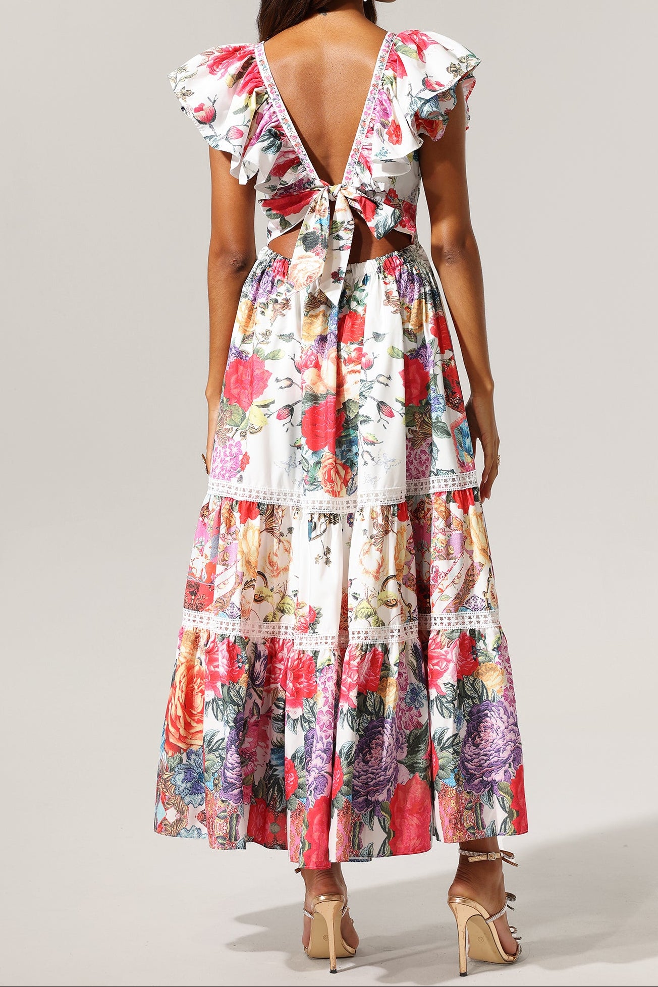 VIOLET BACKLESS RUFFLE FLORAL MAXI DRESS FOR WEDDING