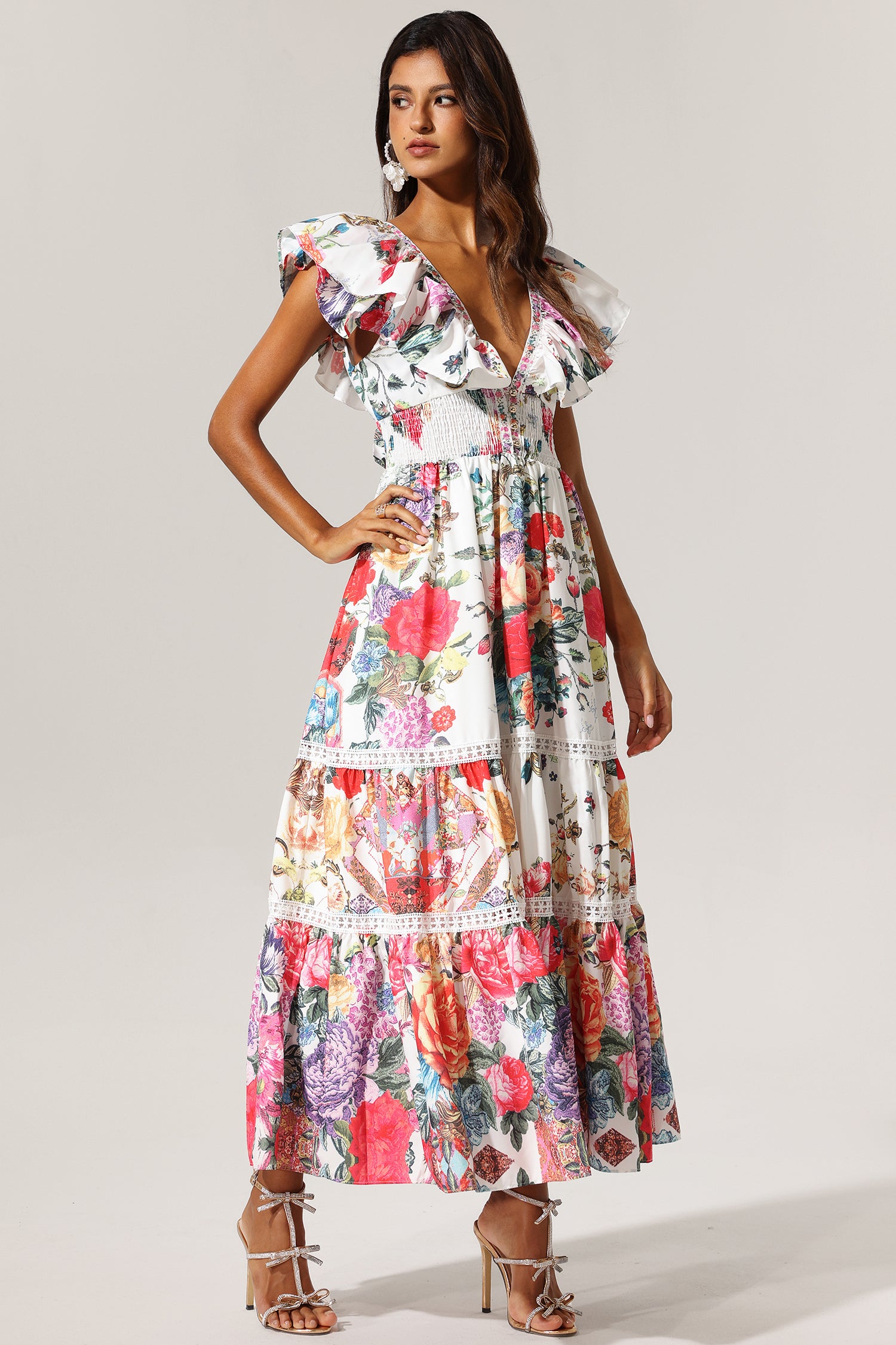 VIOLET BACKLESS RUFFLE FLORAL MAXI DRESS FOR WEDDING