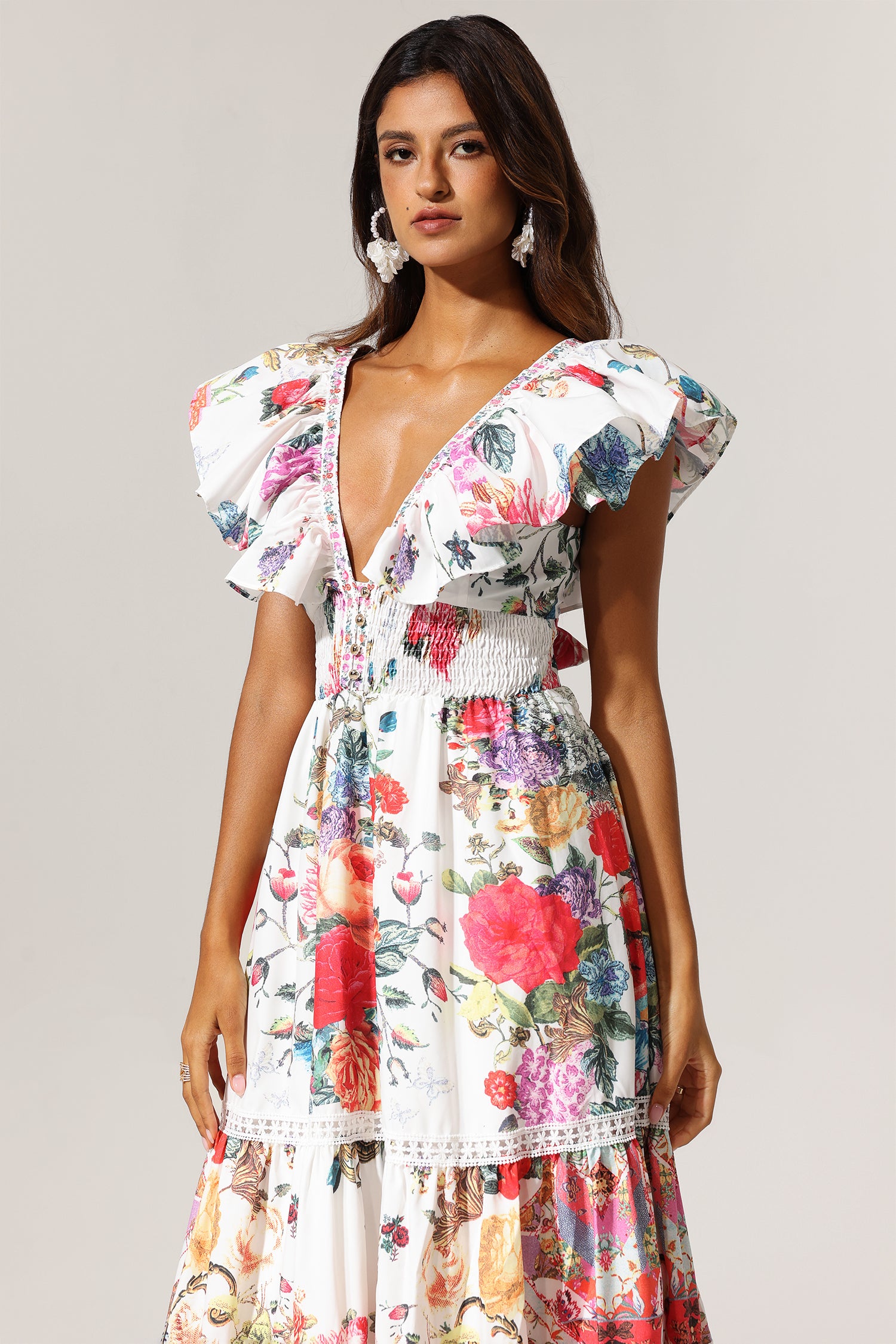 VIOLET BACKLESS RUFFLE FLORAL MAXI DRESS FOR WEDDING