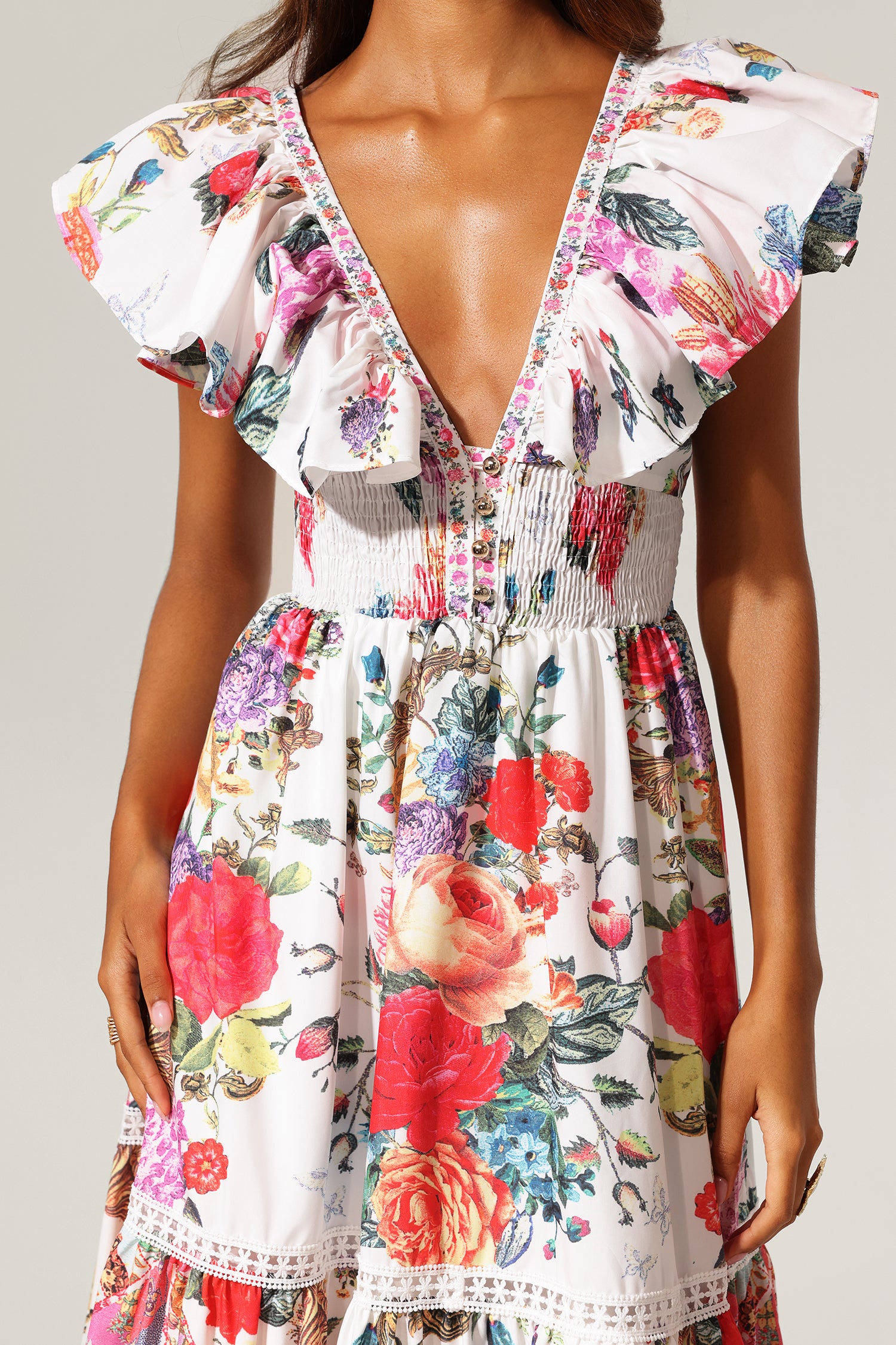 VIOLET BACKLESS RUFFLE FLORAL MAXI DRESS FOR WEDDING