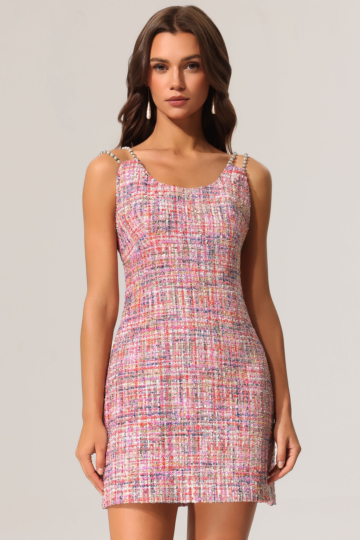 JOANNA TWEED MINI DRESS, SLEEVELESS CHAIN DETAIL
