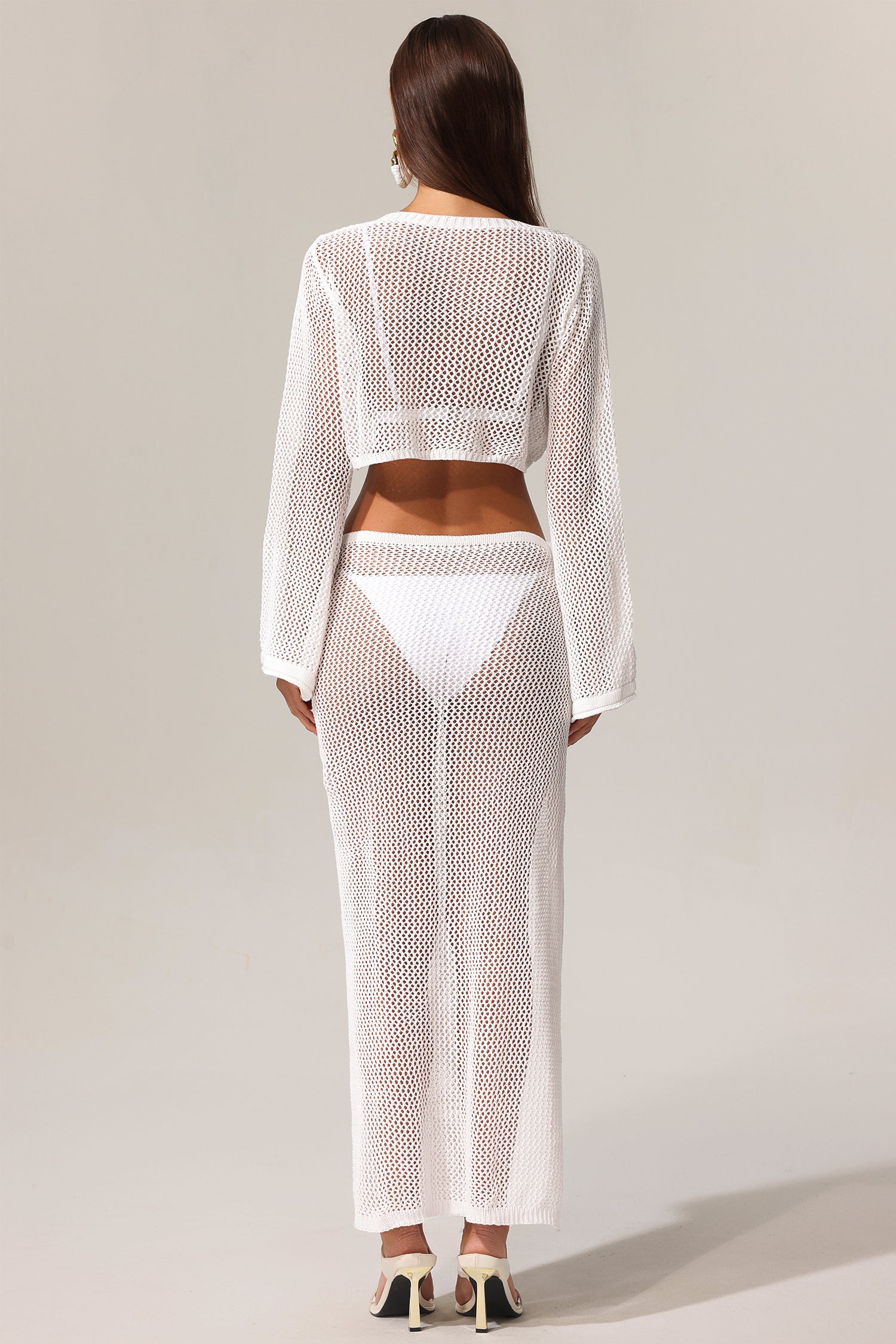 WHITE MESH KNIT CROPPED COVER-UP & SPLIT MAXI SKIRT SET