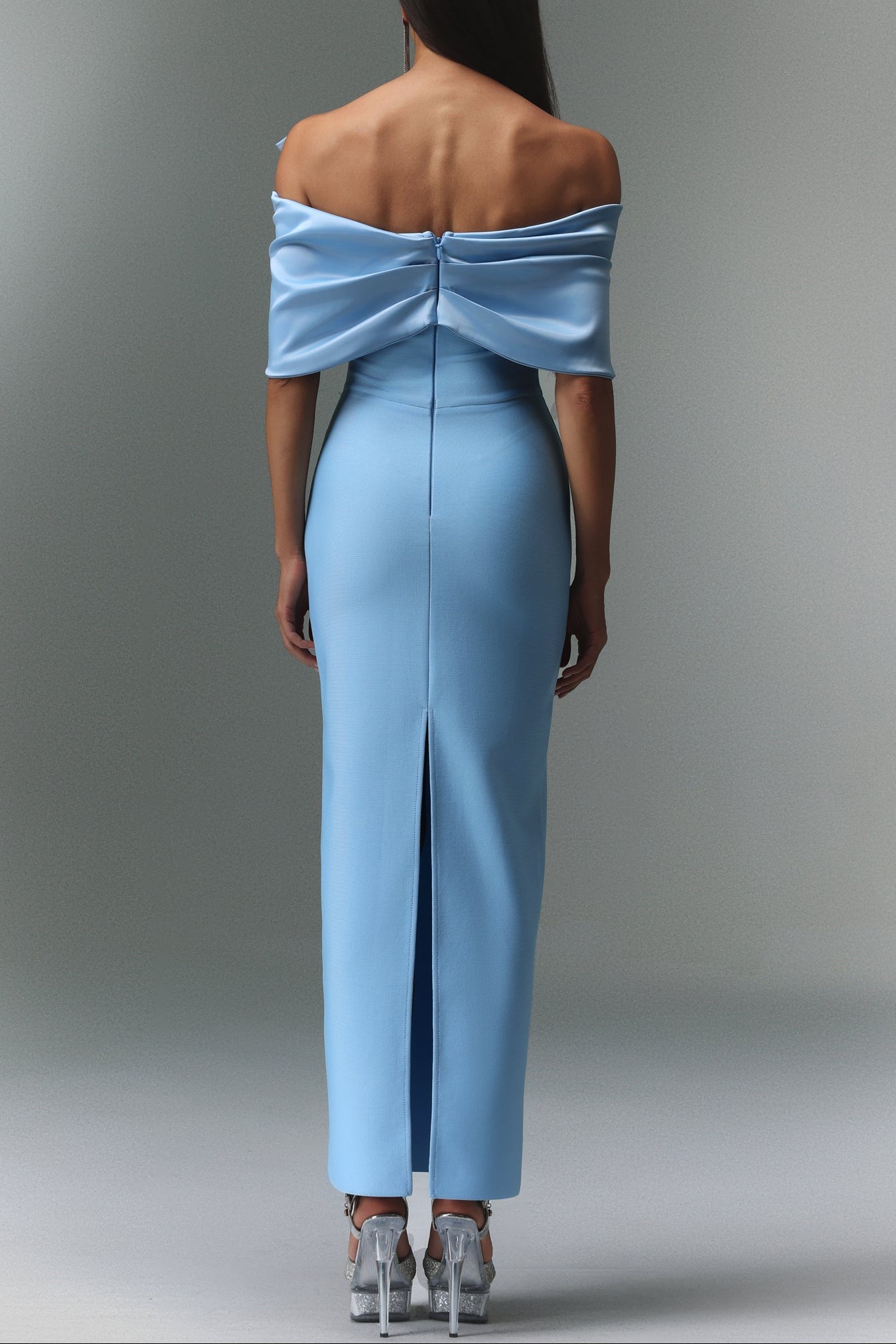 MARINA BLUE ONE-SHOULDER BOW SATIN MAXI DRESS