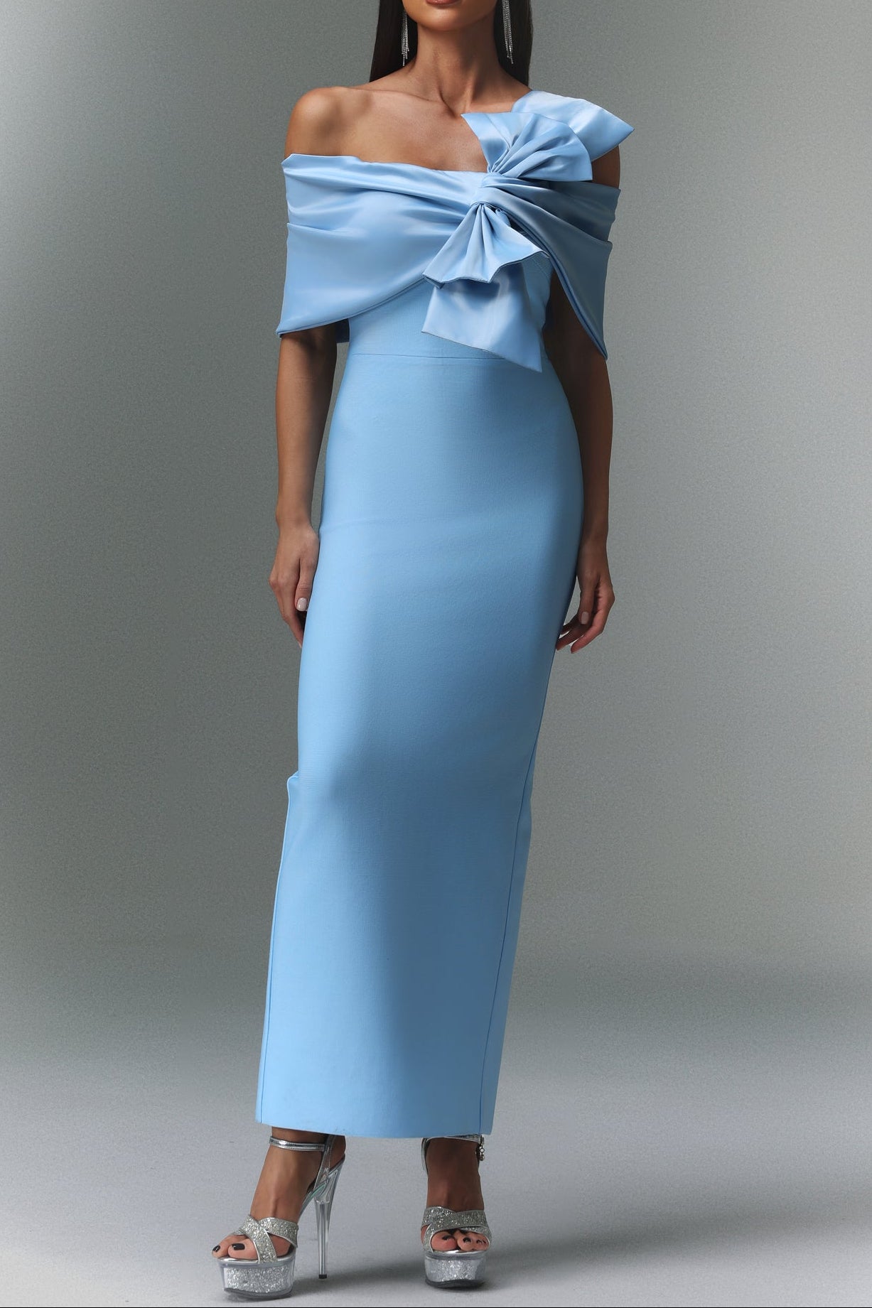 MARINA BLUE ONE-SHOULDER BOW SATIN MAXI DRESS
