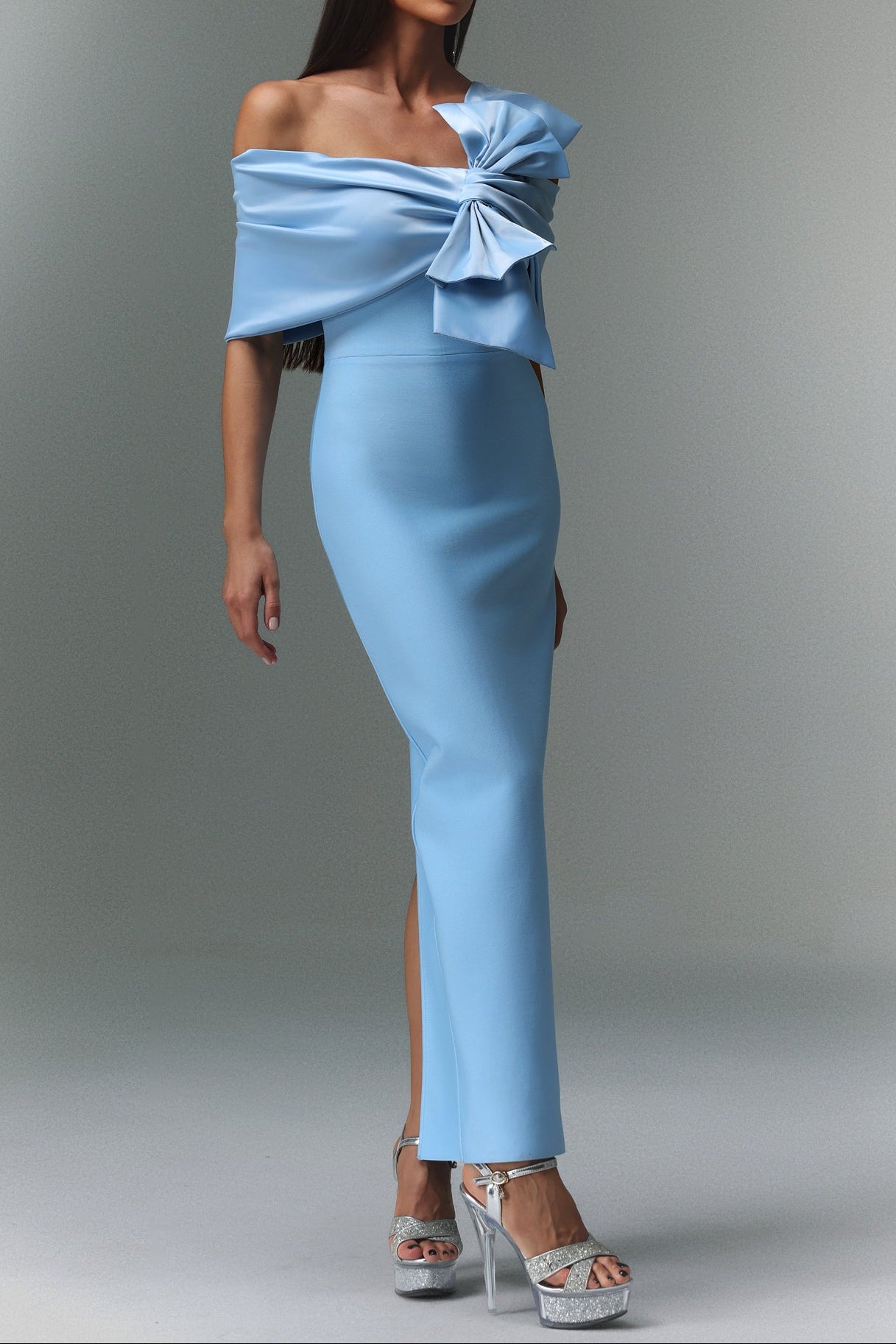 MARINA BLUE ONE-SHOULDER BOW SATIN MAXI DRESS
