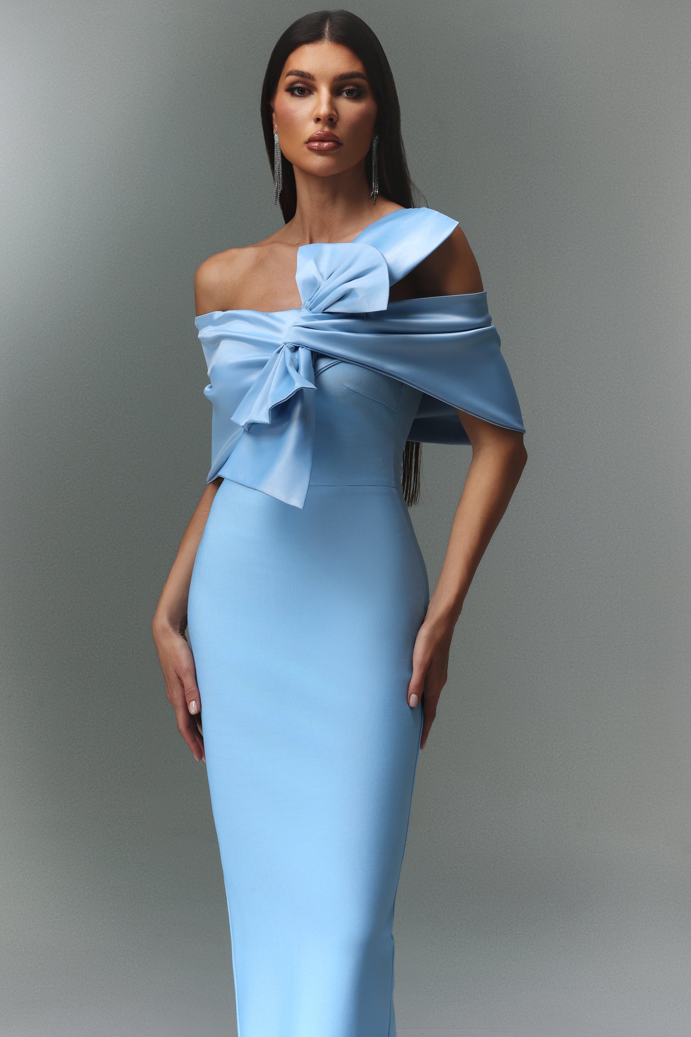 MARINA BLUE ONE-SHOULDER BOW SATIN MAXI DRESS