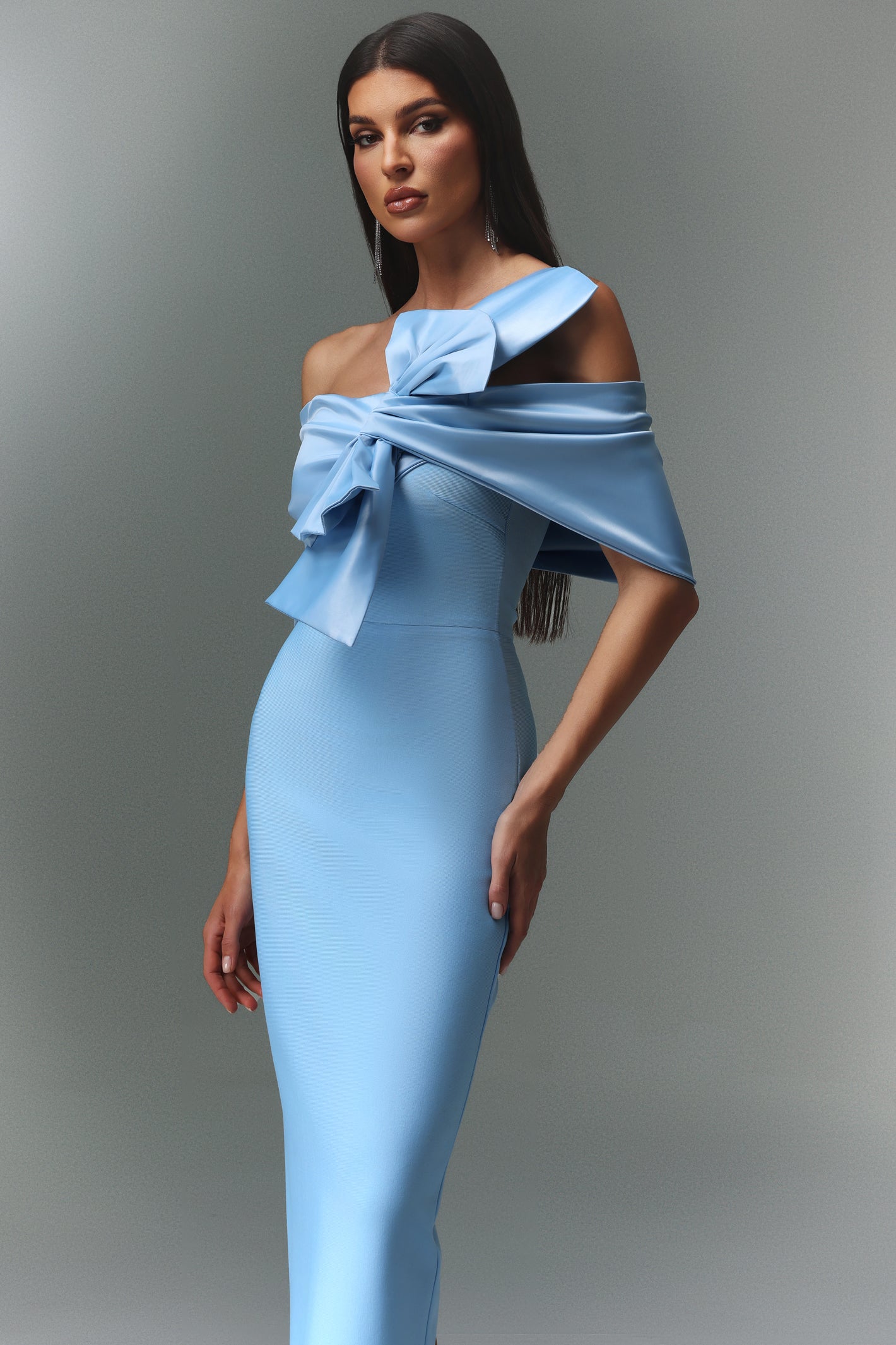 MARINA BLUE ONE-SHOULDER BOW SATIN MAXI DRESS