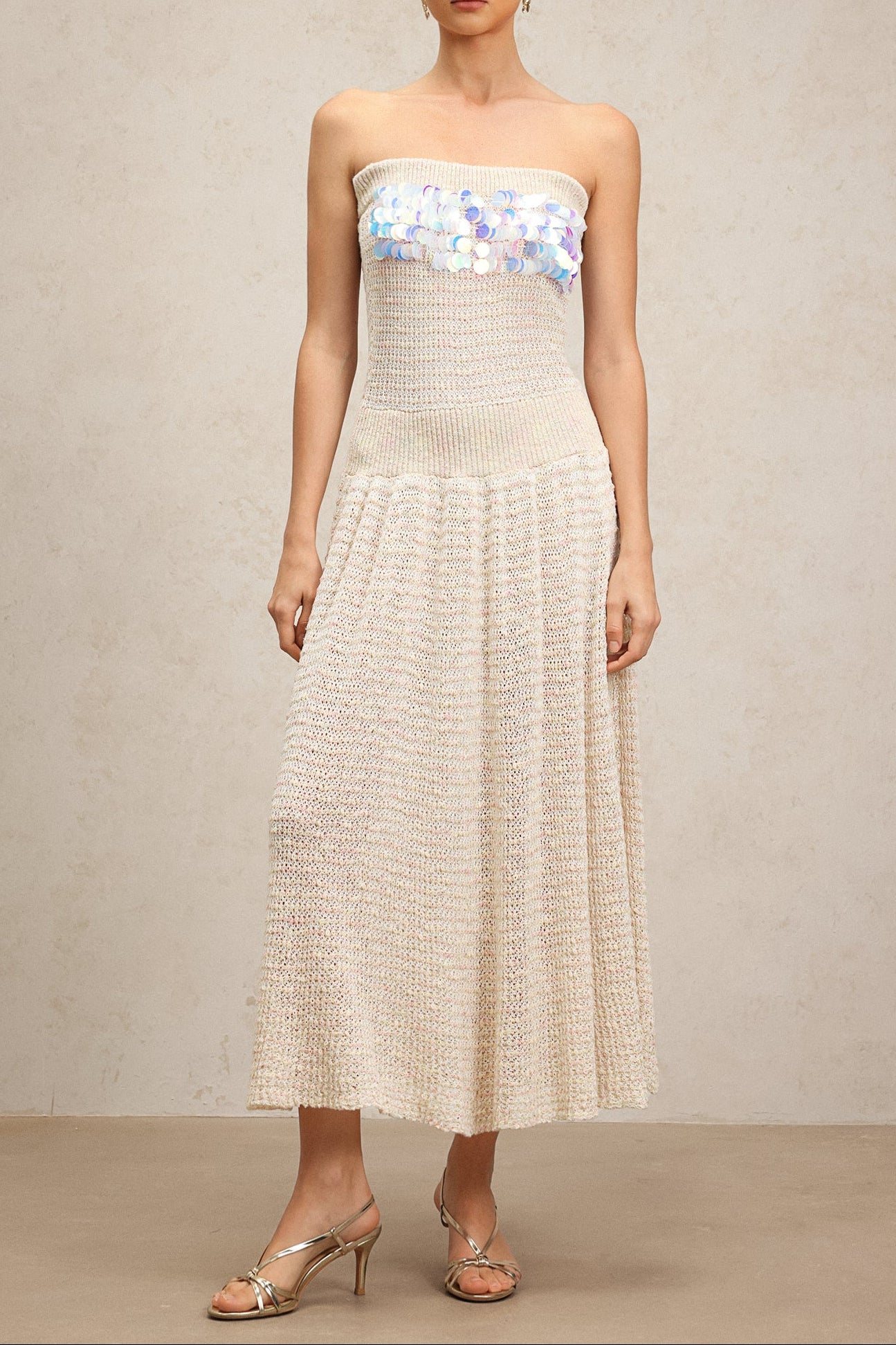 KIMBERLEY BEIGE OFF-SHOULDER SEQUIN MAXI DRESS