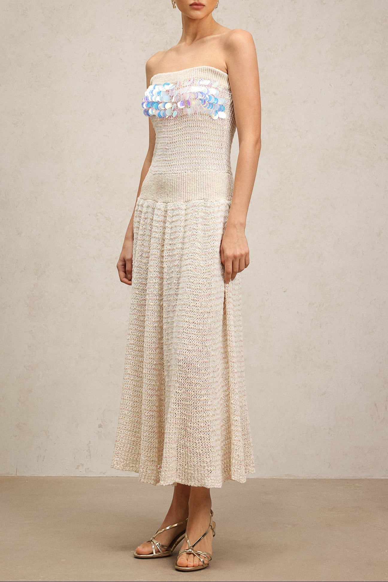 KIMBERLEY BEIGE OFF-SHOULDER SEQUIN MAXI DRESS