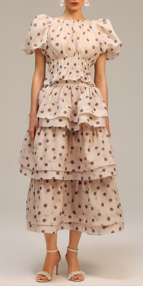 damla beige Puff Sleeves Dot Printed Top And Skirt Two-Piece Set