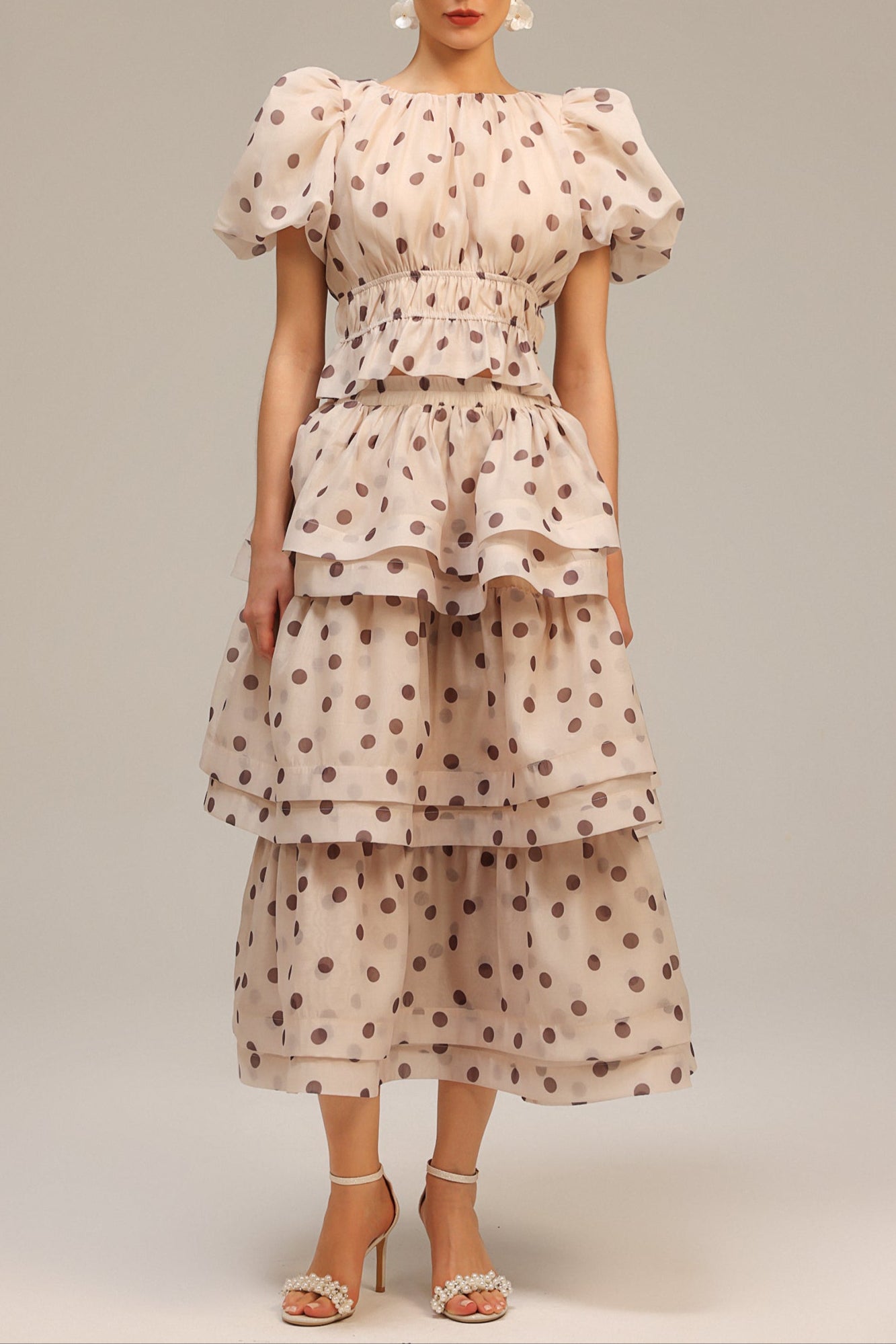 2025-05-19-karina87540 DAMLA BEIGE PUFF SLEEVE DOT PRINT TWO-PIECE SET