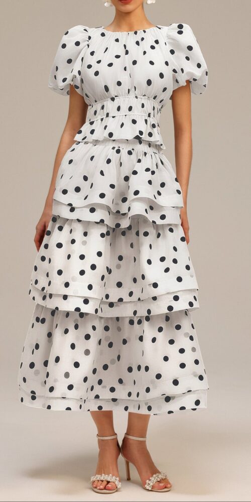 damla white Puff Sleeves Dot Printed Top And Skirt Two-Piece Set