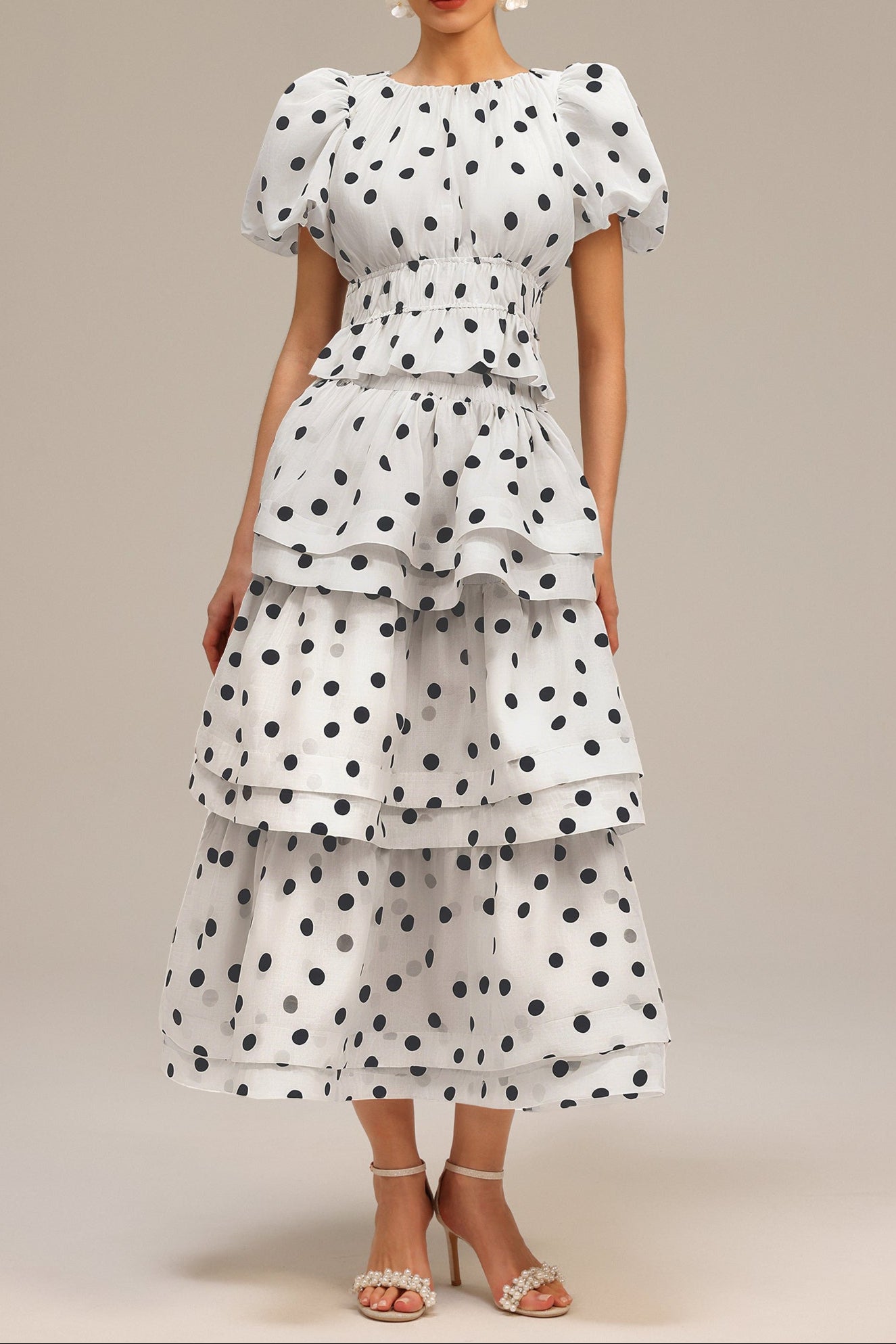 DAMLA WHITE PUFF SLEEVE DOT PRINTED TWO-PIECE SET