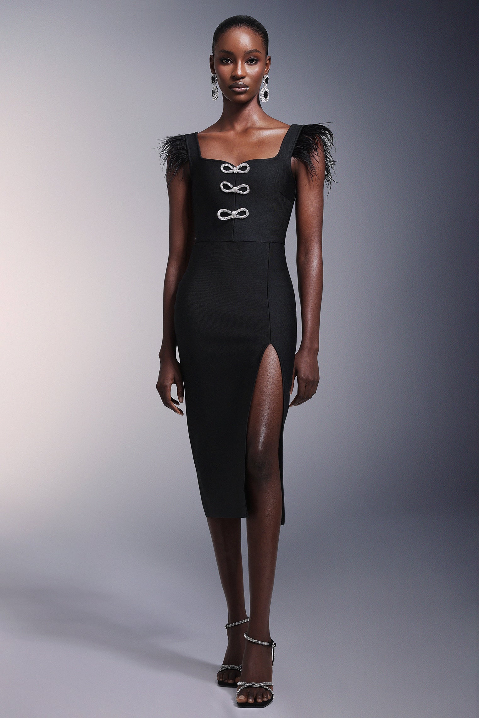 JOSEPHINE BOW HIGH SLIT BANDAGE MIDI DRESS