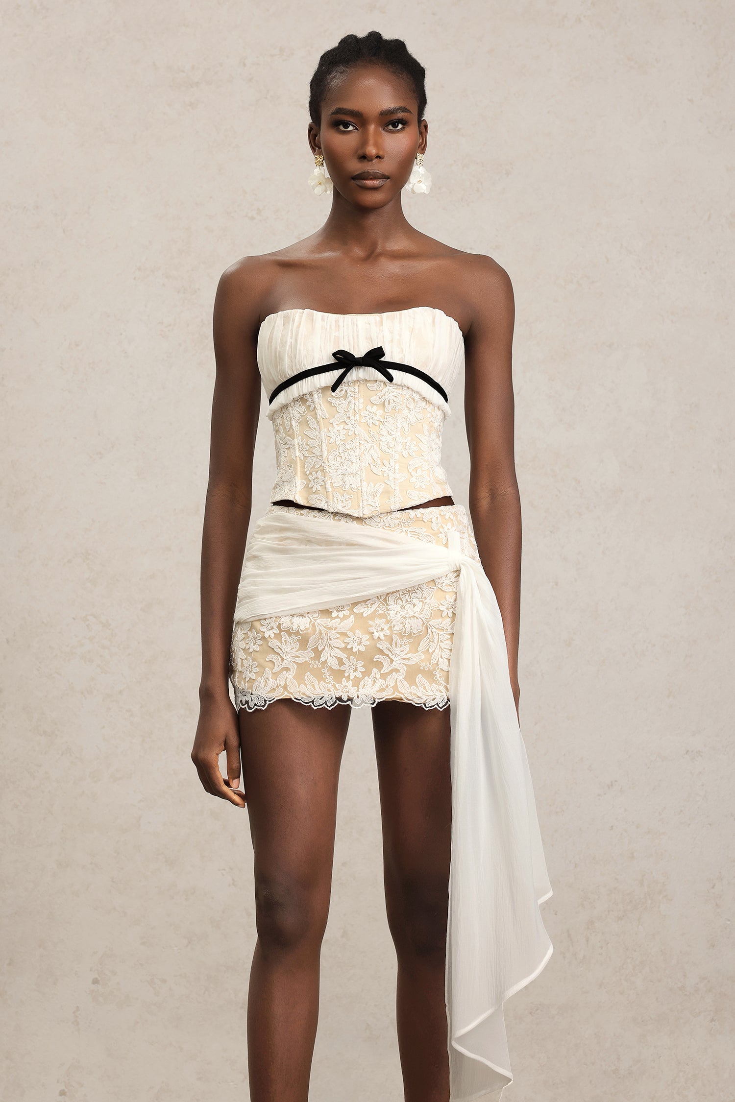 WHITE HERRINGBONE TUBE TOP RUFFLE MINI DRESS