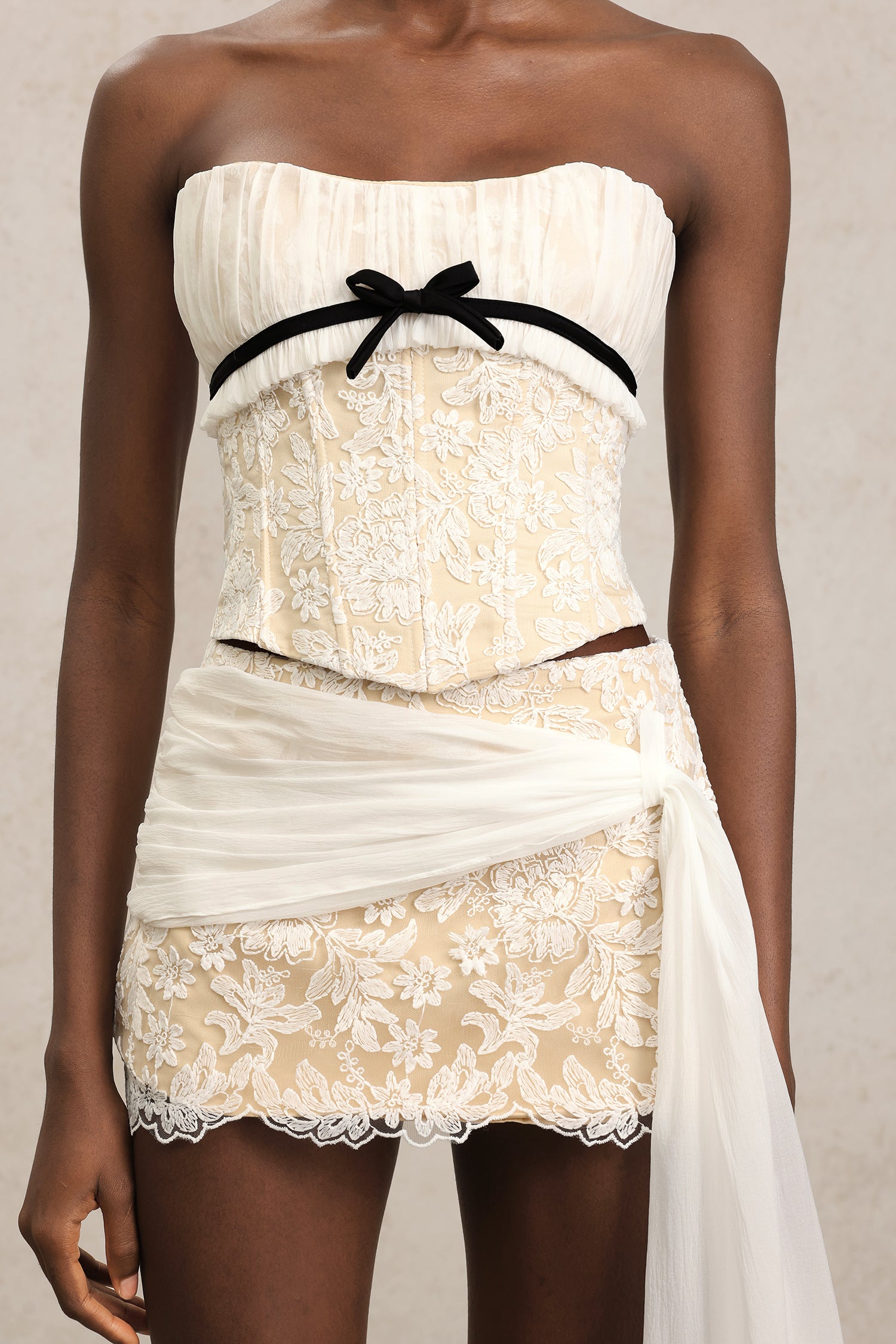 WHITE HERRINGBONE TUBE TOP RUFFLE MINI DRESS