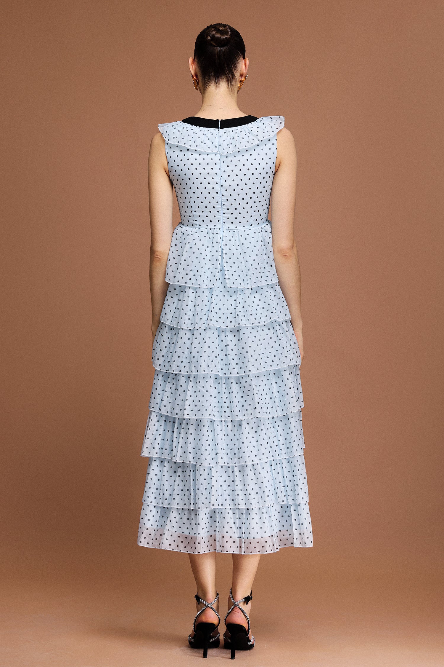 V-NECK SLEEVELESS BOWKNOT MIDI DRESS, DOT PRINT