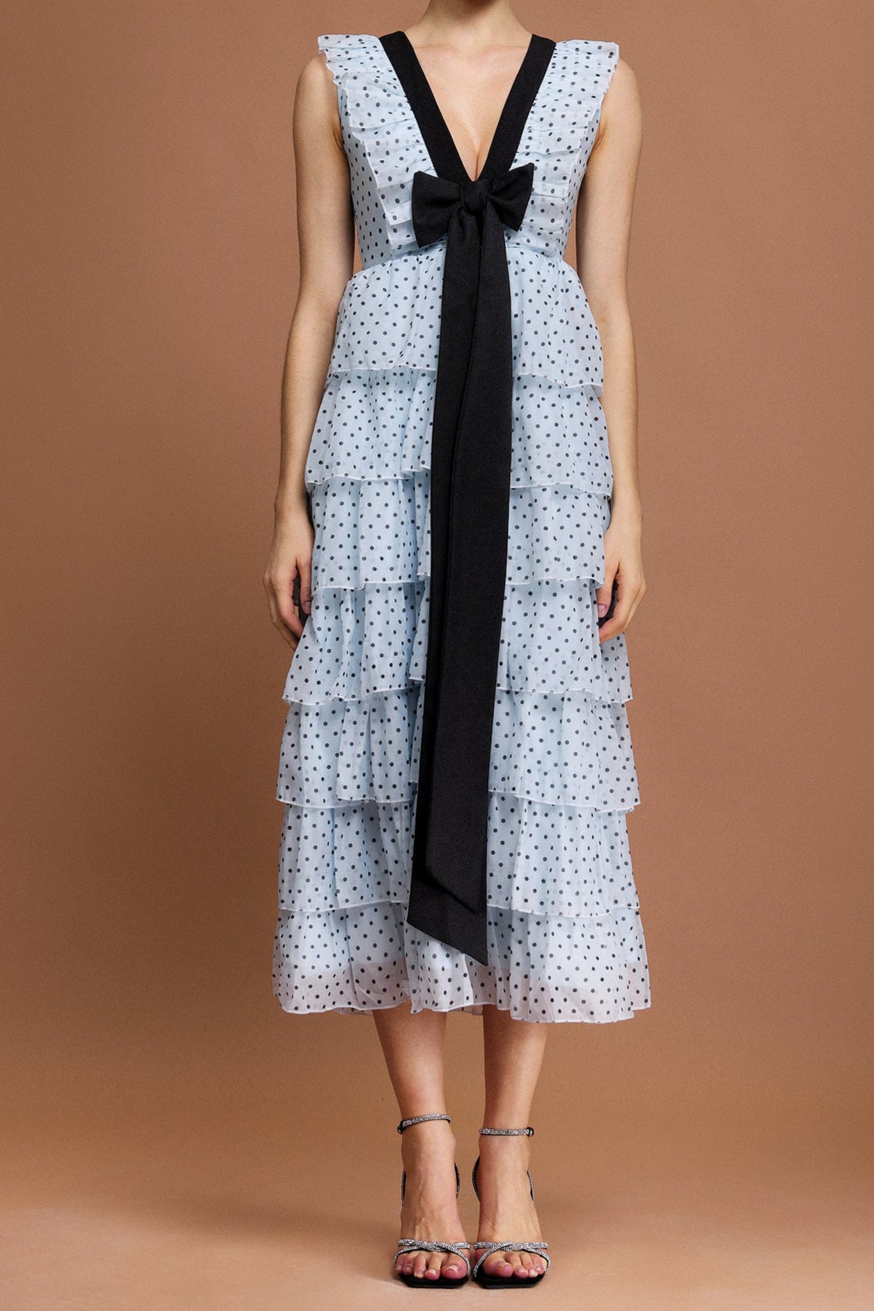 V-NECK SLEEVELESS BOWKNOT MIDI DRESS, DOT PRINT